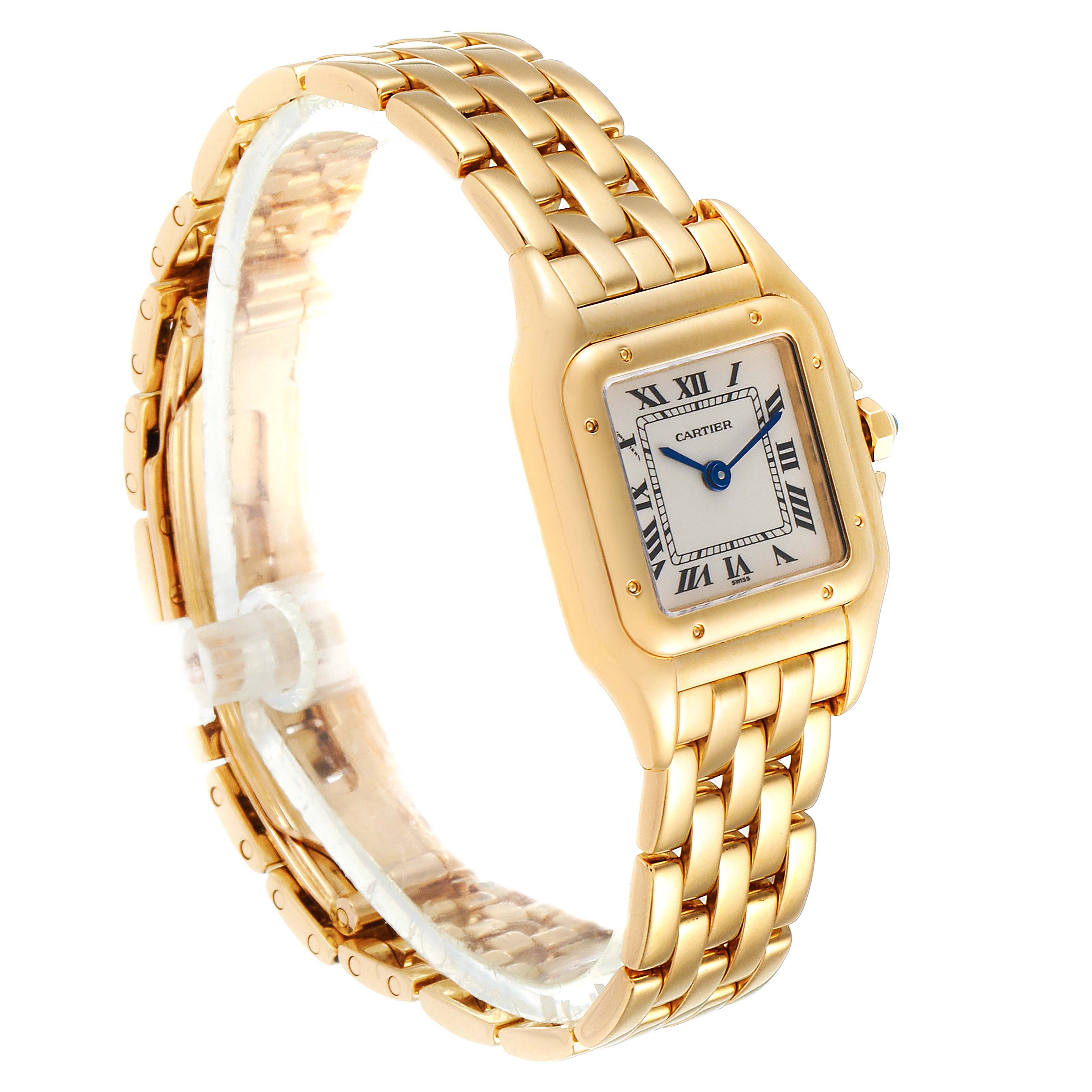 The Cartier Panthere W25022B9 Women
s Yellow Gold Silver Dial W25022B9 Women
s Yellow Gold Silver Dial watch is shown at an angle, displaying its square face, Roman numeral dial, and gold bracelet.