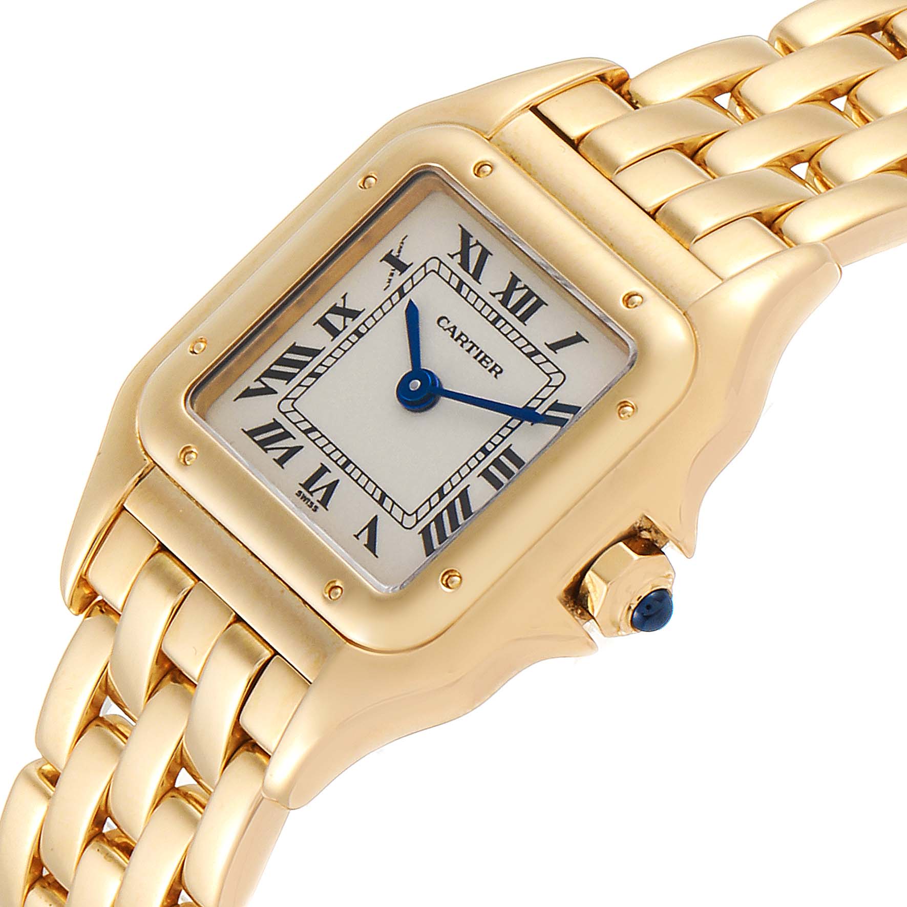 The image shows a close-up of the Cartier Panthere W25022B9 Women
s Yellow Gold Silver Dial W25022B9 Women
s Yellow Gold Silver Dial watch face, crown, and part of the gold bracelet at an angle.
