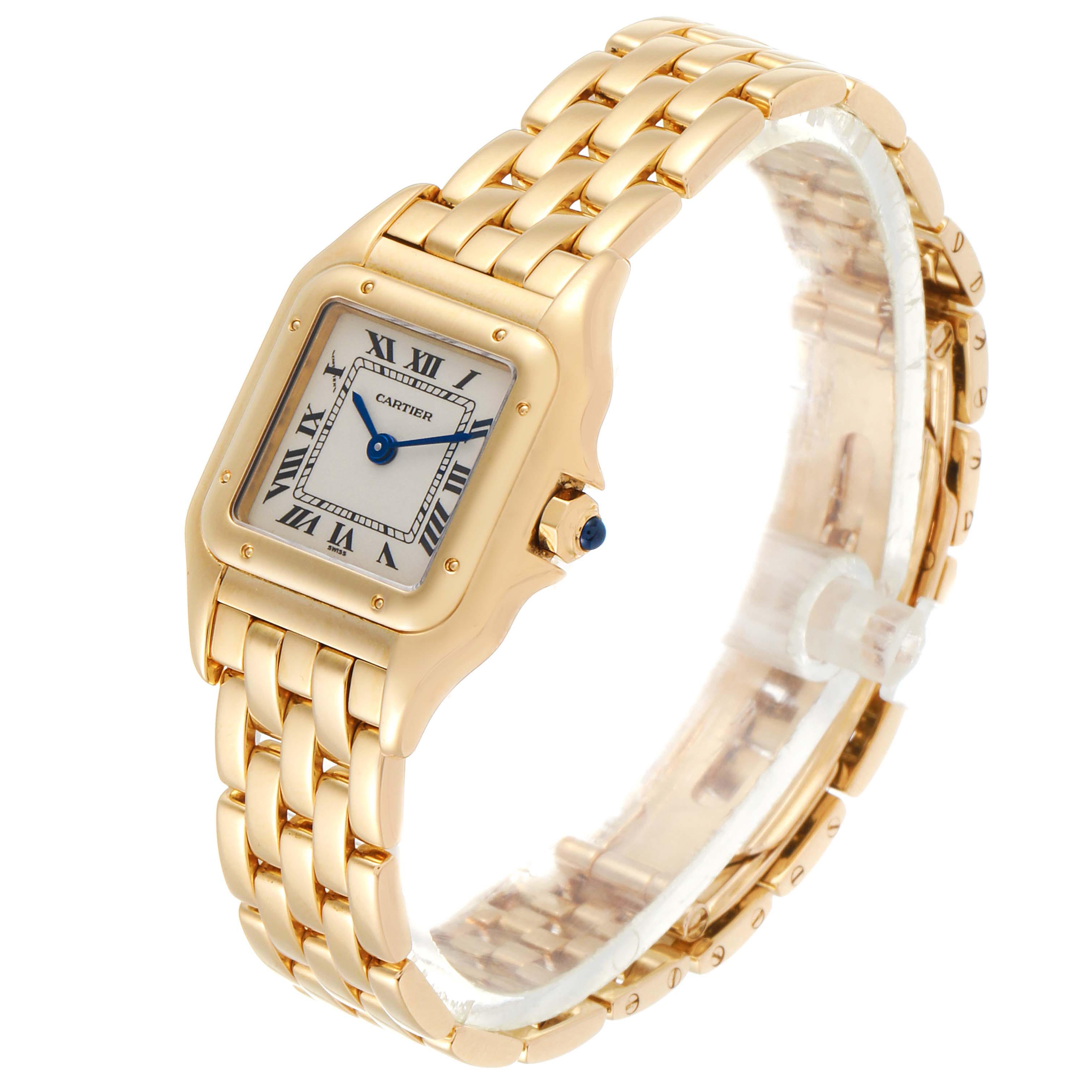 The image shows a Panthere model by Cartier at a three-quarter angle, highlighting its gold bracelet and face with Roman numerals.