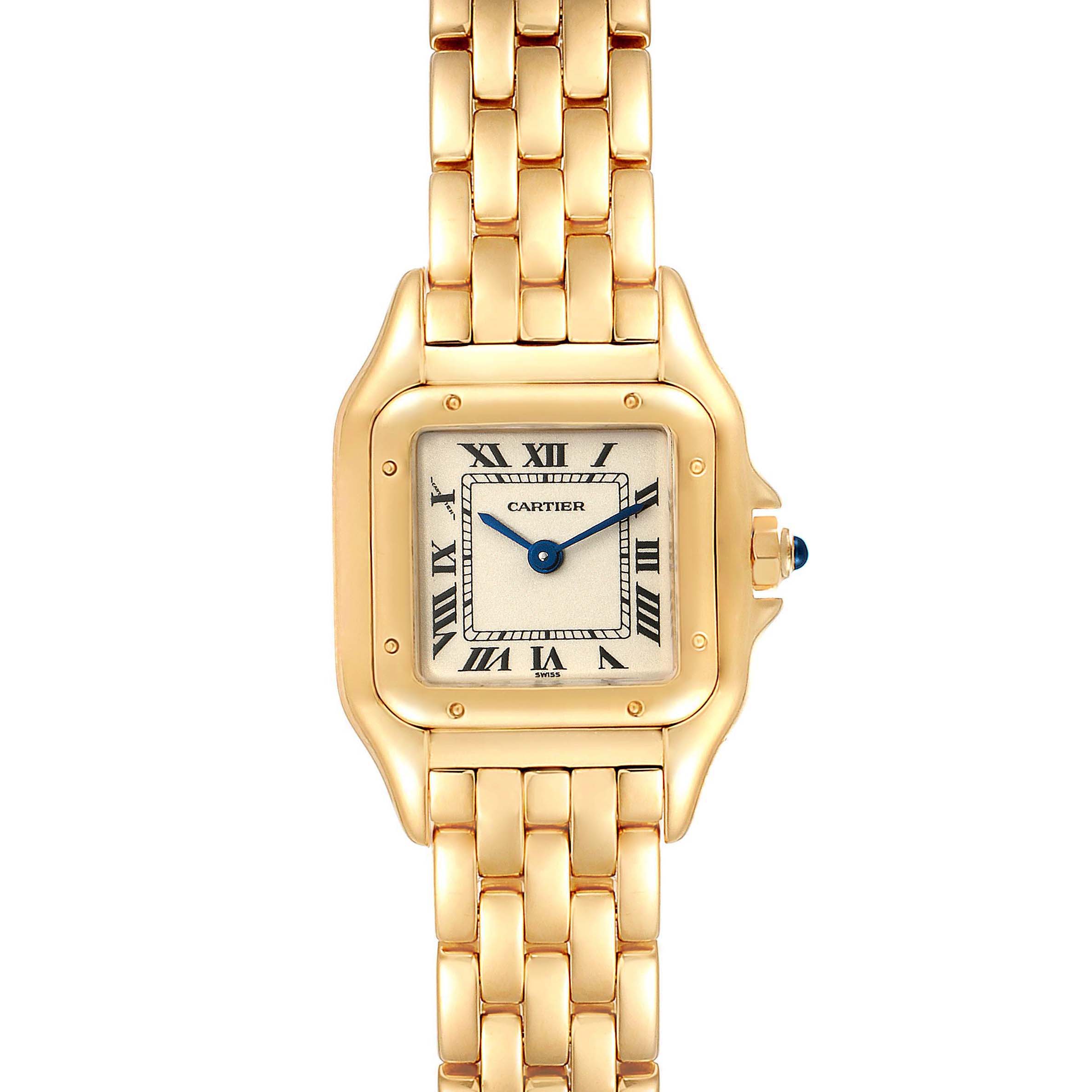 The image shows a Cartier Panthere W25022B9 Women
s Yellow Gold Silver Dial W25022B9 Women
s Yellow Gold Silver Dial watch from a front-facing angle, displaying the face and bracelet.