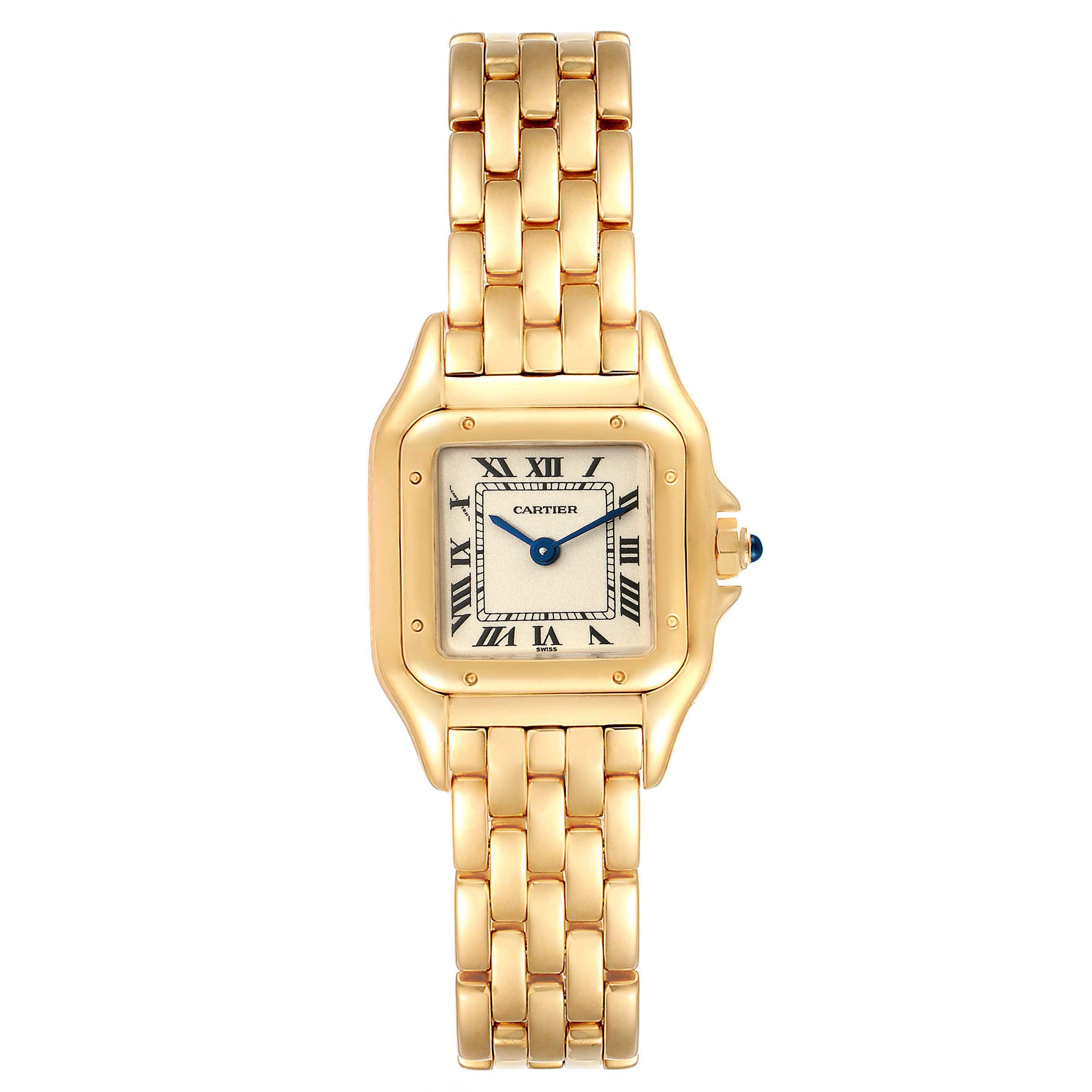 This image shows a front view of the Cartier Panthere W25022B9 Women
s Yellow Gold Silver Dial W25022B9 Women
s Yellow Gold Silver Dial model watch, displaying its face and gold link bracelet.