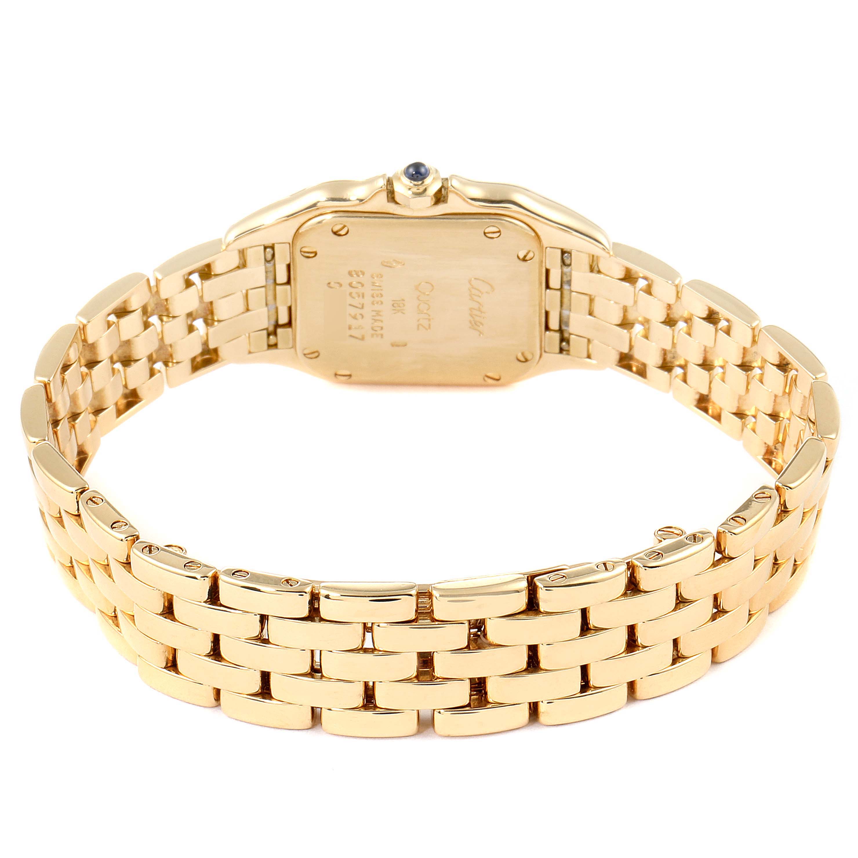 This image shows the back view of a Panthere model by Cartier, highlighting the gold bracelet and caseback.