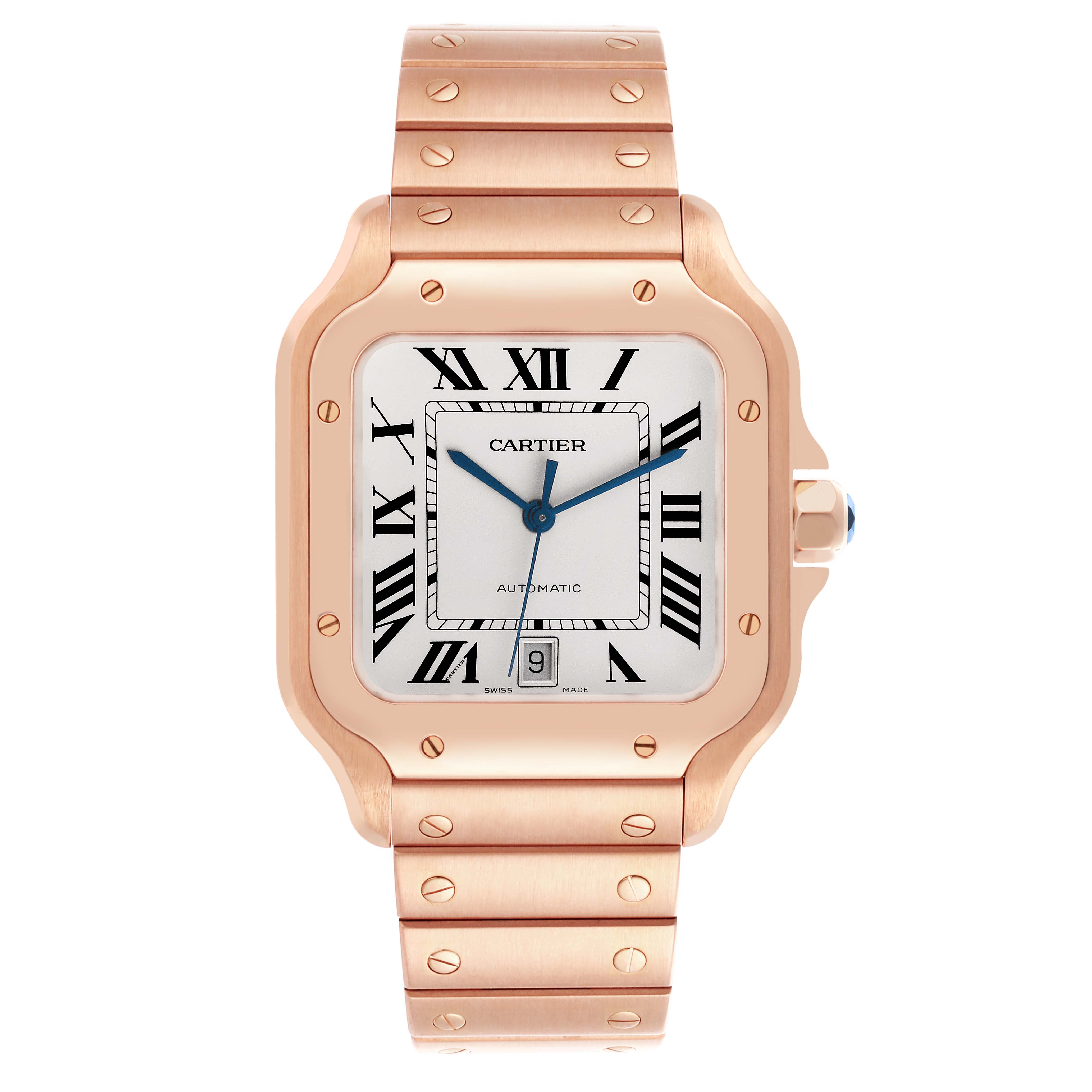 The Cartier Santos WGSA0007 Men's Rose Gold Silver Dial WGSA0007 Men's Rose Gold Silver Dial watch is shown from a front angle, displaying its face, bezel, and bracelet.