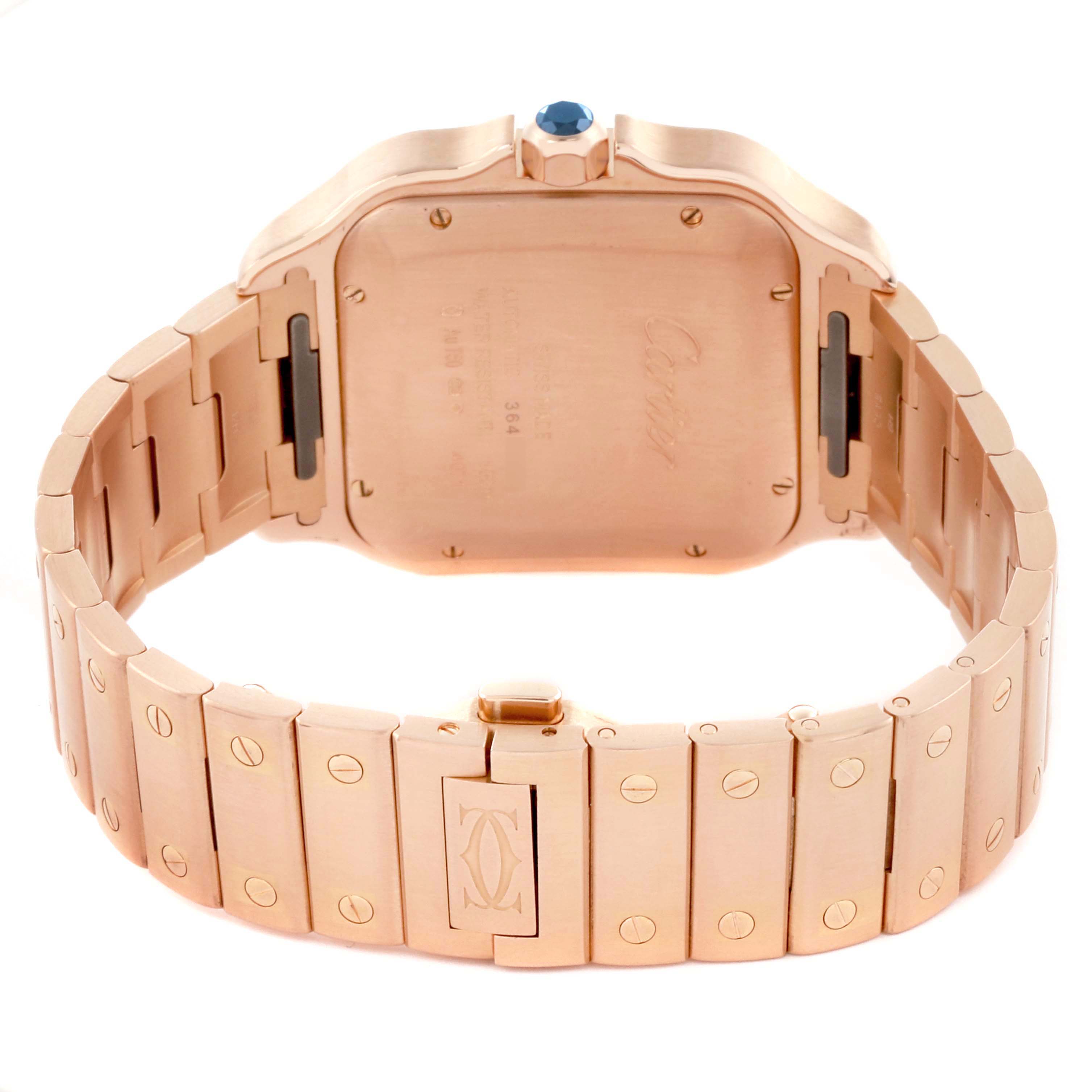 The image shows the back and bracelet of the Cartier Santos WGSA0007 Men's Rose Gold Silver Dial WGSA0007 Men's Rose Gold Silver Dial watch, highlighting its closure and detailing.