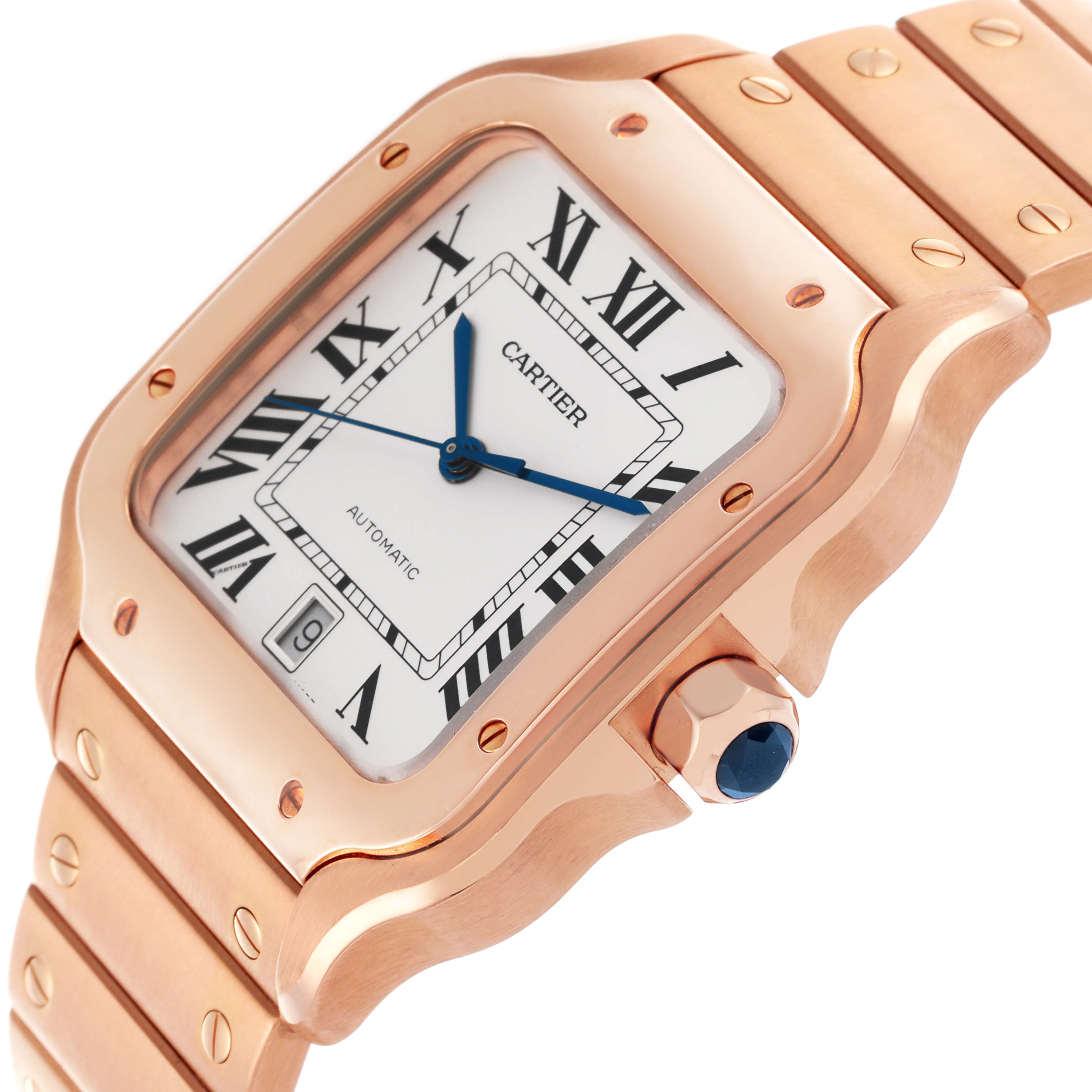 The Cartier Santos WGSA0007 Men's Rose Gold Silver Dial WGSA0007 Men's Rose Gold Silver Dial watch is shown at an angle highlighting the face, bezel, crown, and part of the bracelet.