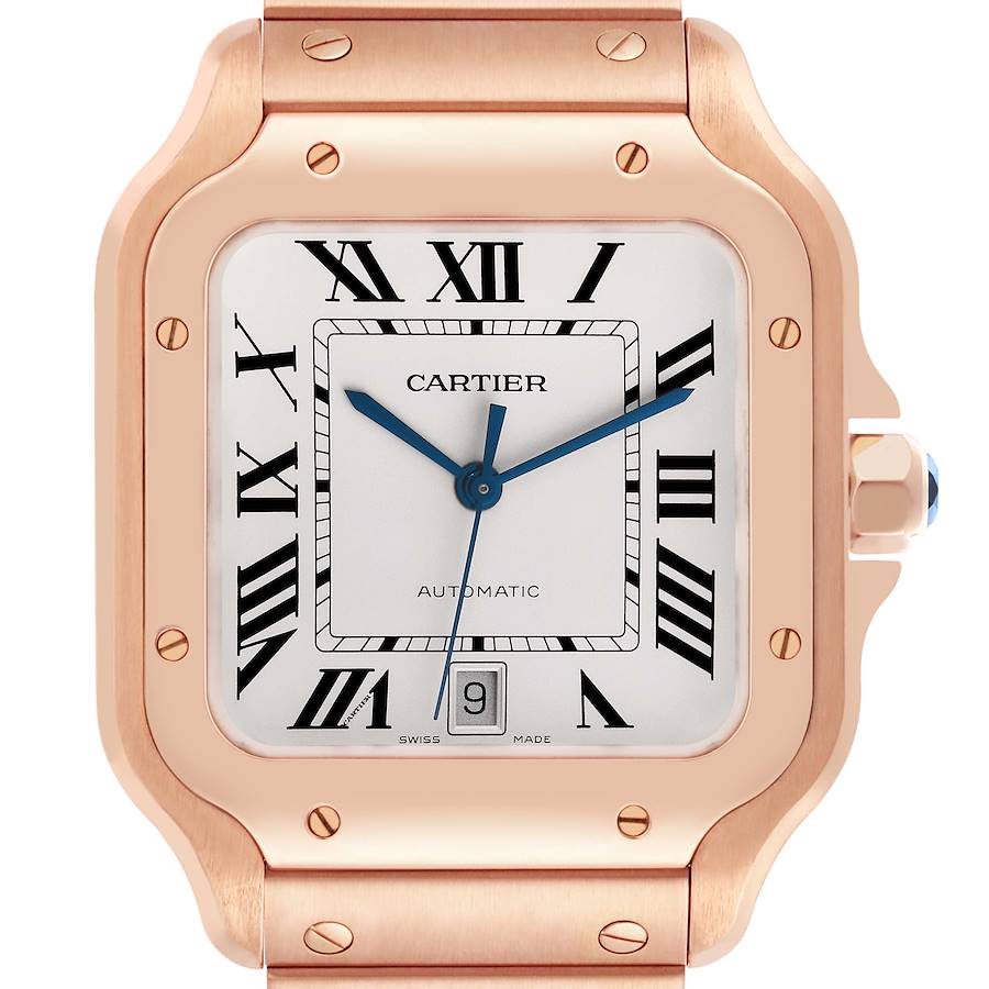 The Cartier Santos watch is shown from a front angle, highlighting the face, bezel, and part of the bracelet.