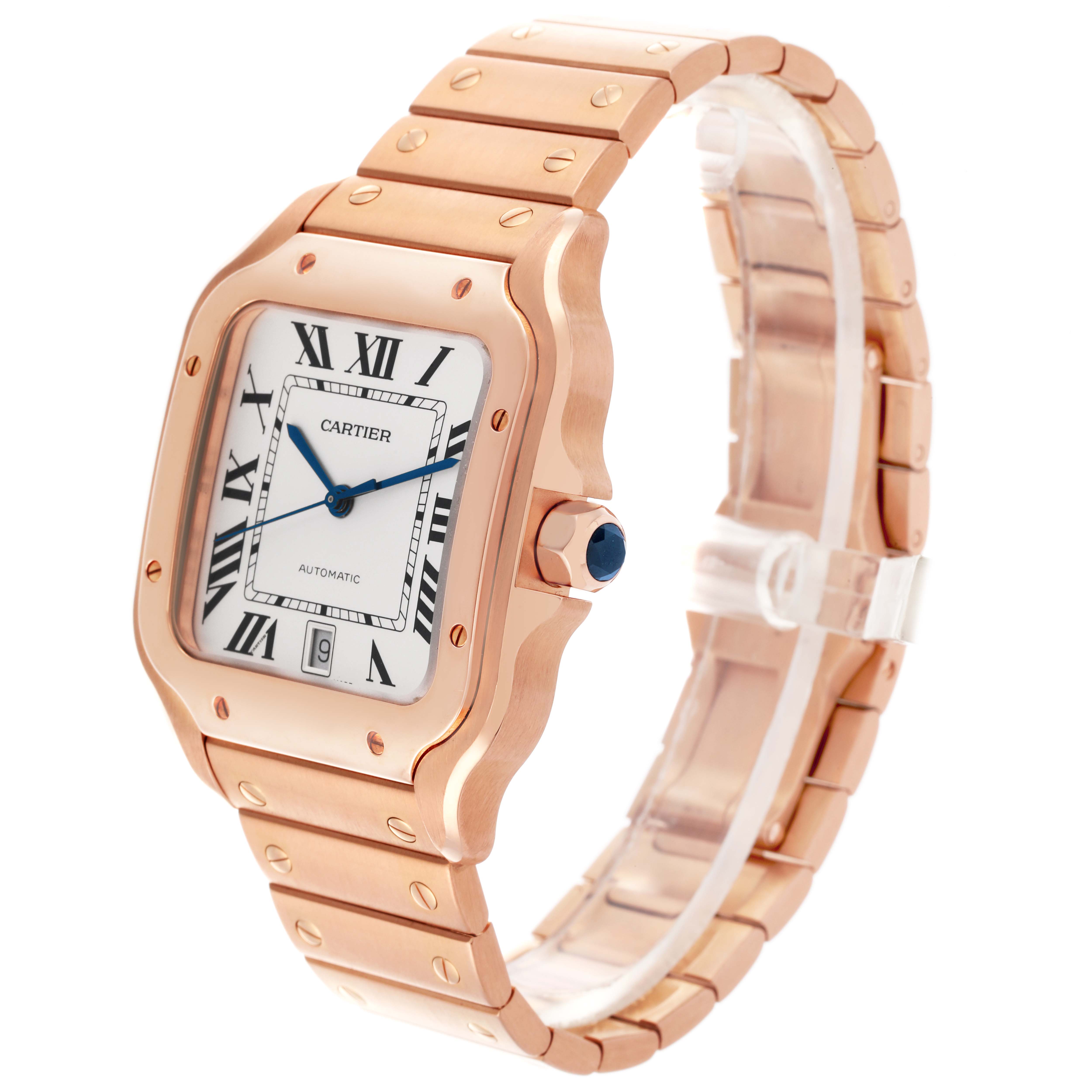 The Cartier Santos WGSA0007 Men's Rose Gold Silver Dial WGSA0007 Men's Rose Gold Silver Dial watch is shown at a three-quarter angle, highlighting the case, bracelet, and crown.