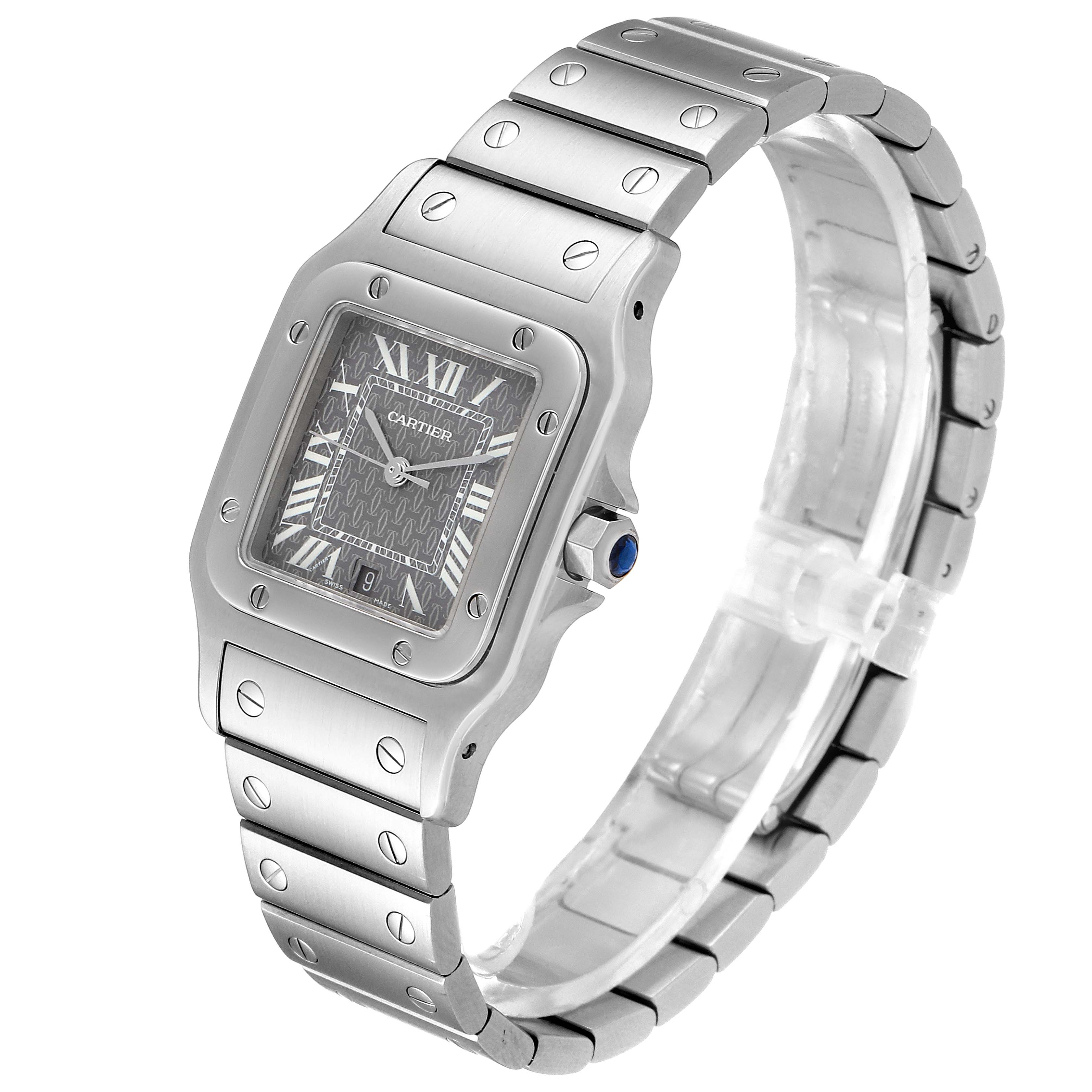 The image shows a Santos model watch by Cartier, featuring its face, bezel, crown, and bracelet from a three-quarter angle.
