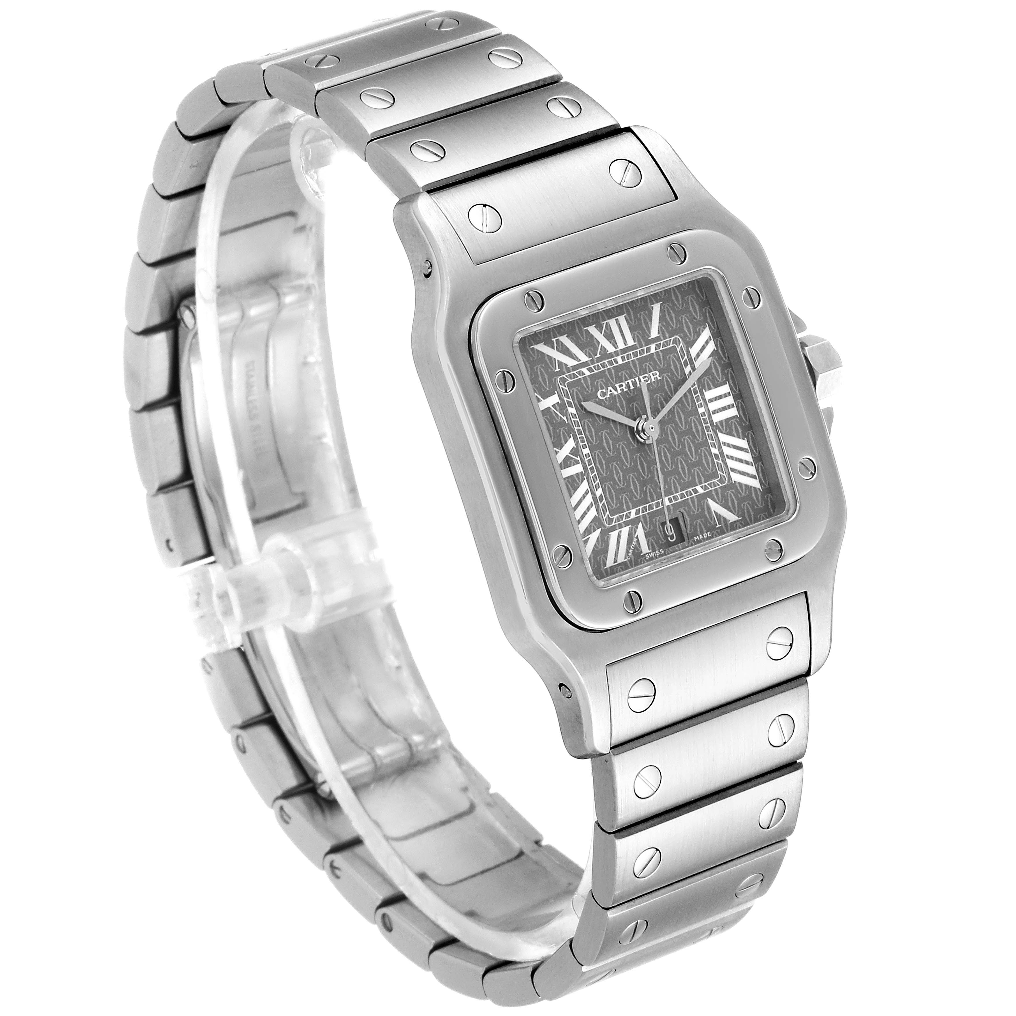 This Cartier Santos W20061D6 Men's Stainless Steel Grey Dial W20061D6 Men's Stainless Steel Grey Dial watch is shown at an oblique angle, highlighting the bracelet, bezel, and face with Roman numerals.