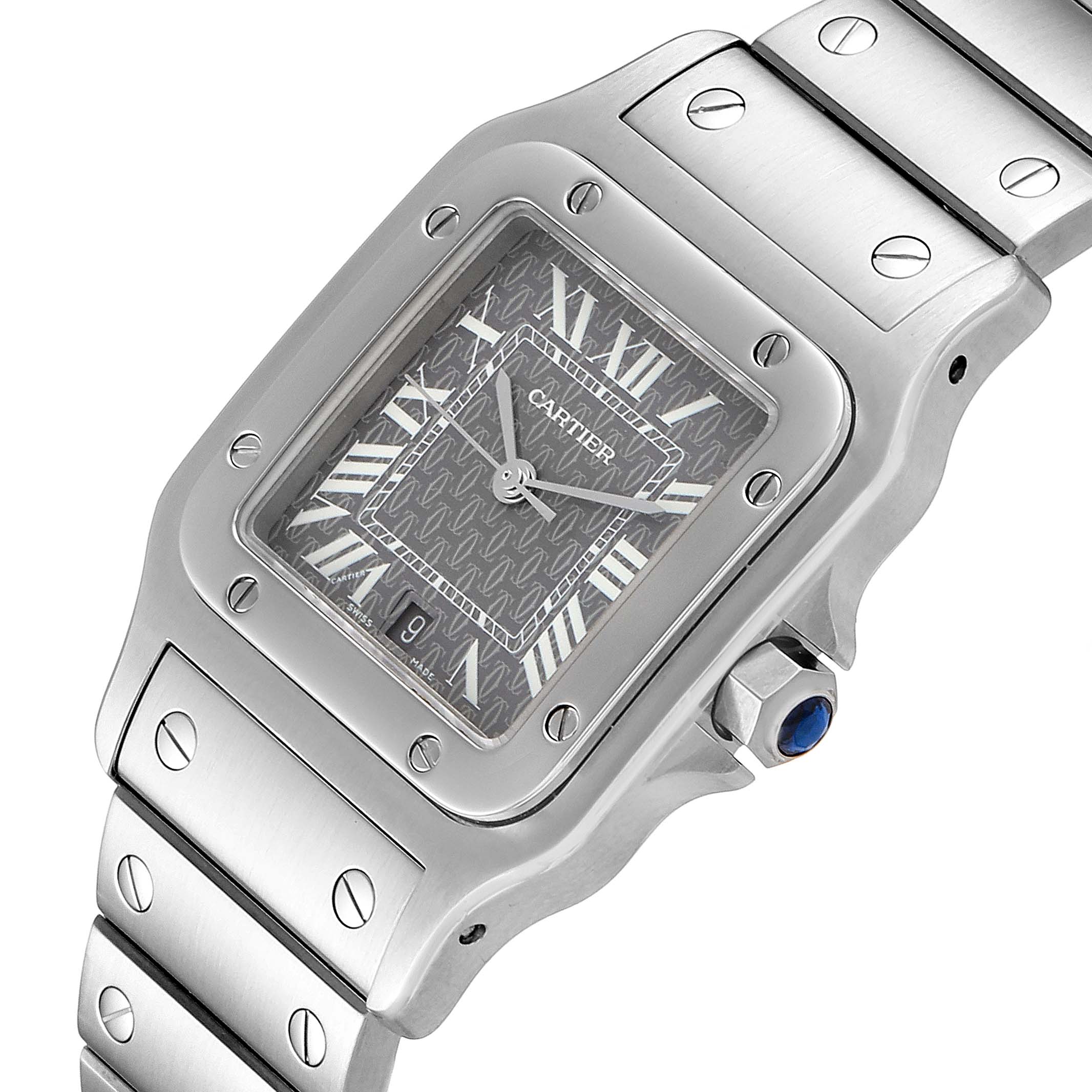 The image shows a close-up view of the Cartier Santos W20061D6 Men's Stainless Steel Grey Dial W20061D6 Men's Stainless Steel Grey Dial watch, highlighting its face, bezel, crown, and metal bracelet.