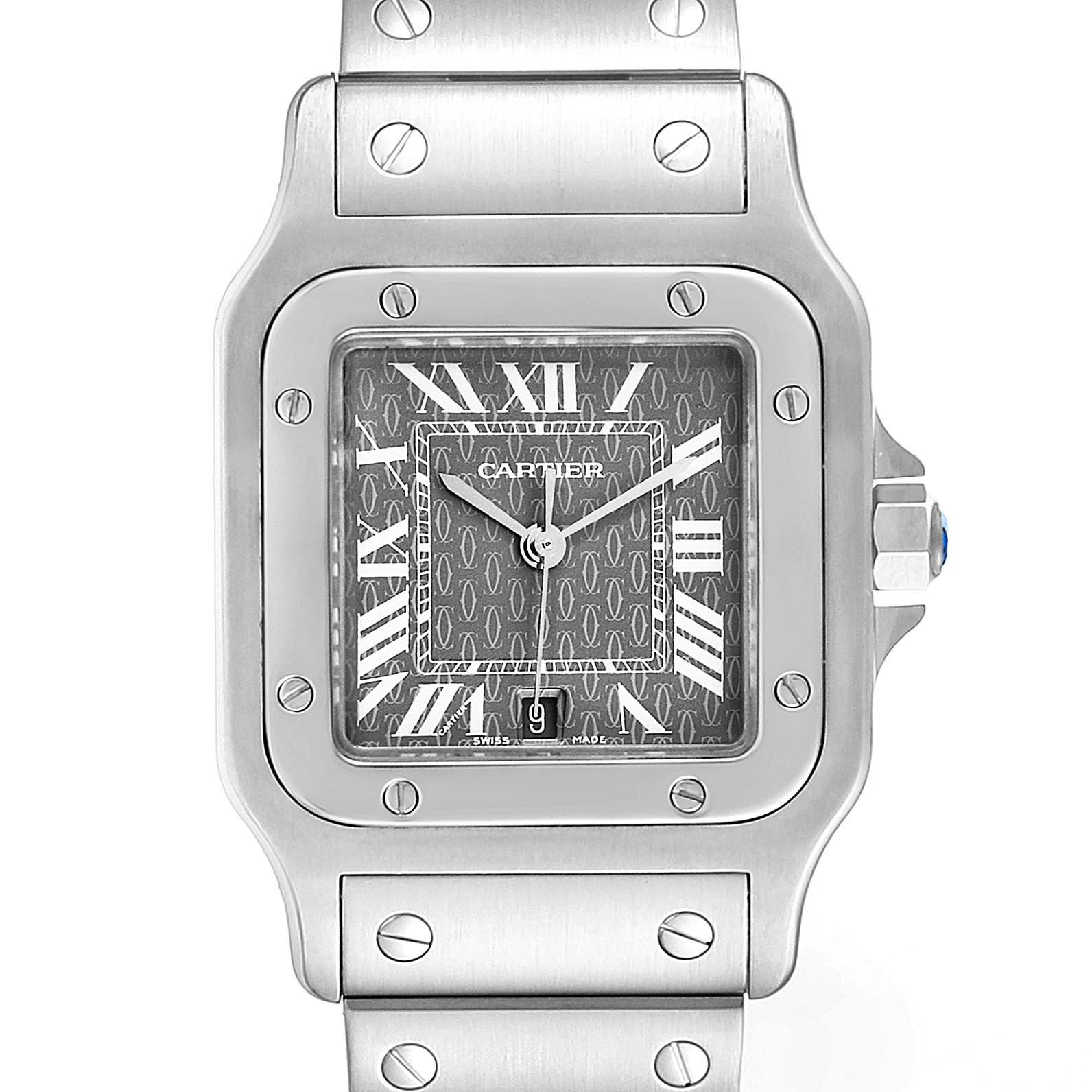 This image shows a close-up view of the Cartier Santos W20061D6 Men's Stainless Steel Grey Dial W20061D6 Men's Stainless Steel Grey Dial watch, highlighting the face, bezel, and part of the bracelet.