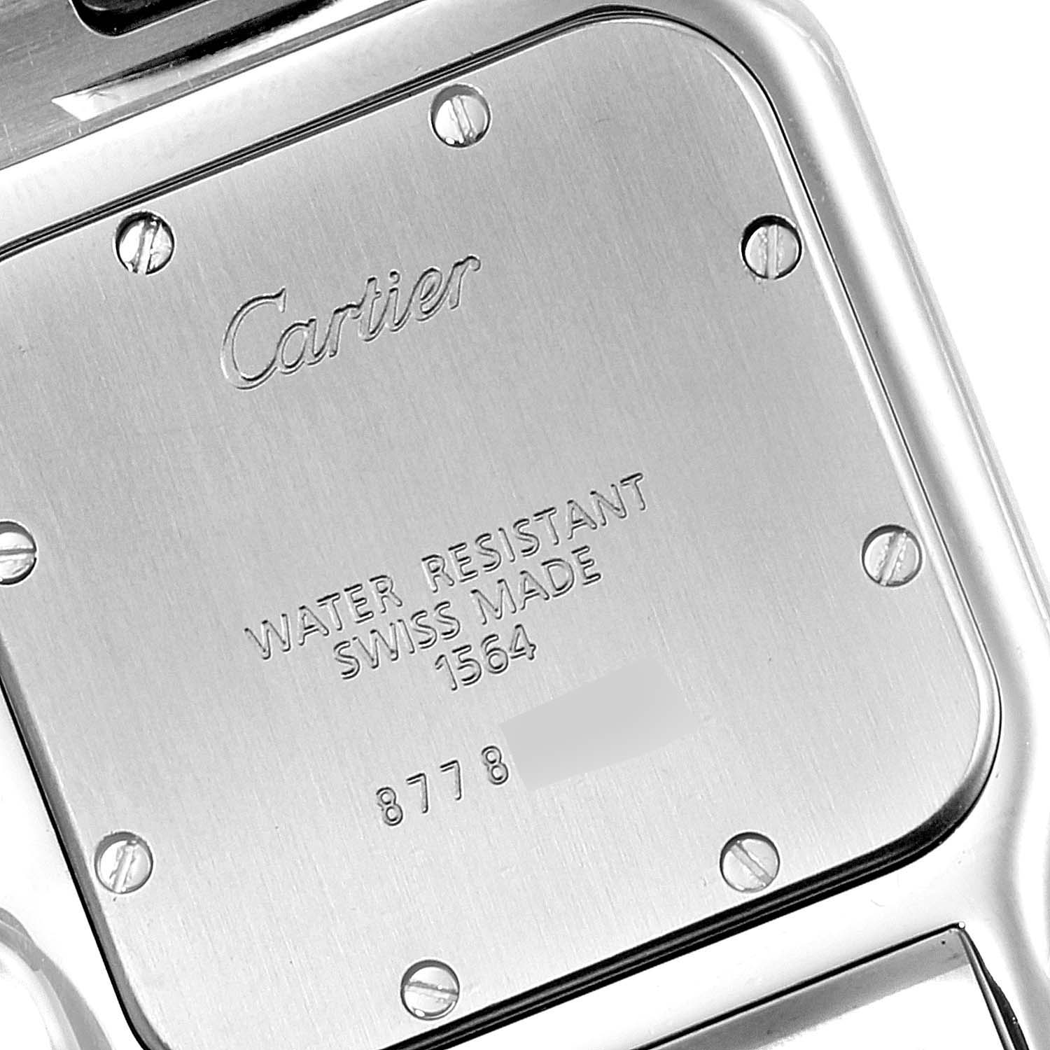 The image shows the back case of a Santos model watch by Cartier.