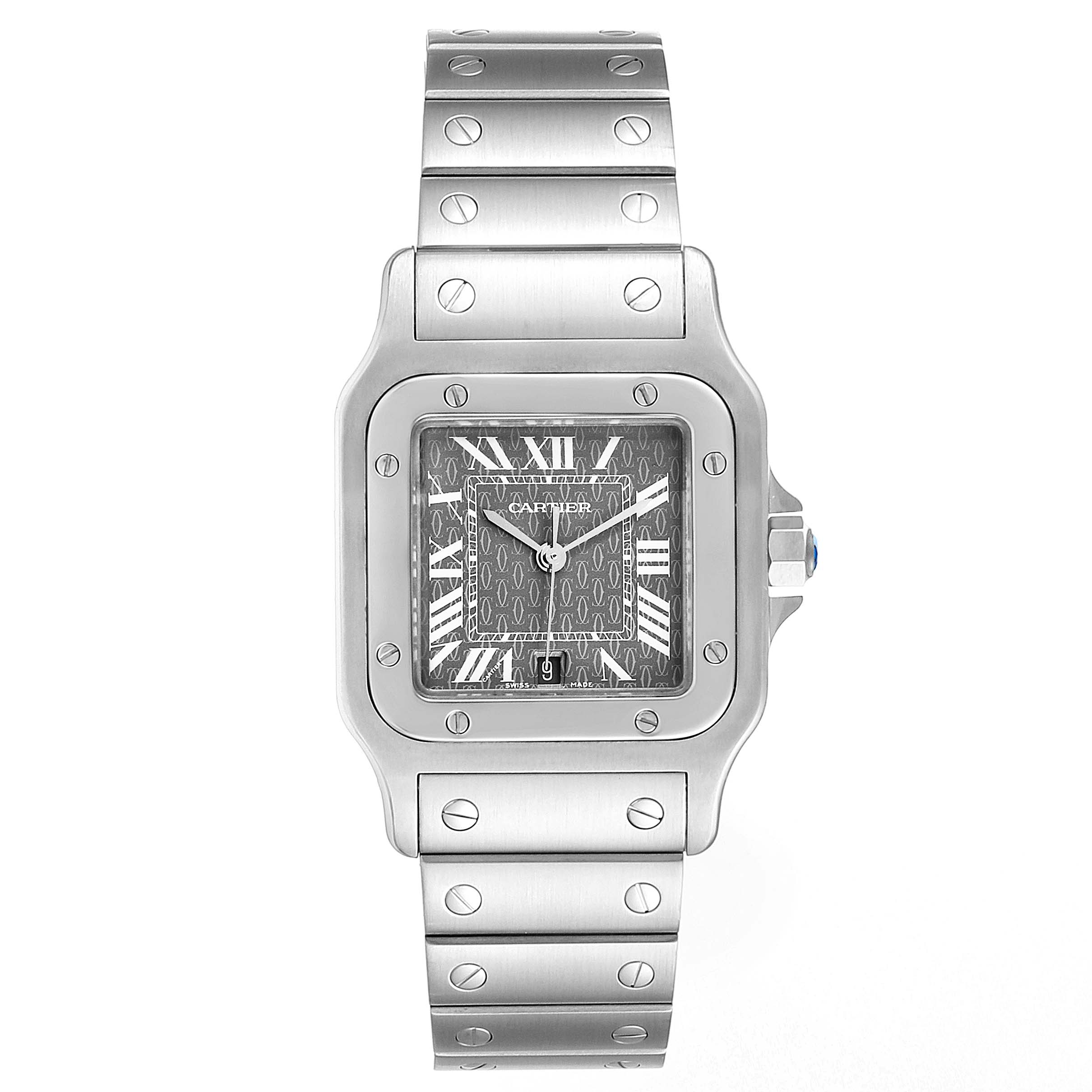 The image shows a frontal view of a Cartier Santos W20061D6 Men's Stainless Steel Grey Dial W20061D6 Men's Stainless Steel Grey Dial watch, highlighting its square face, metal bracelet, and distinctive screws.