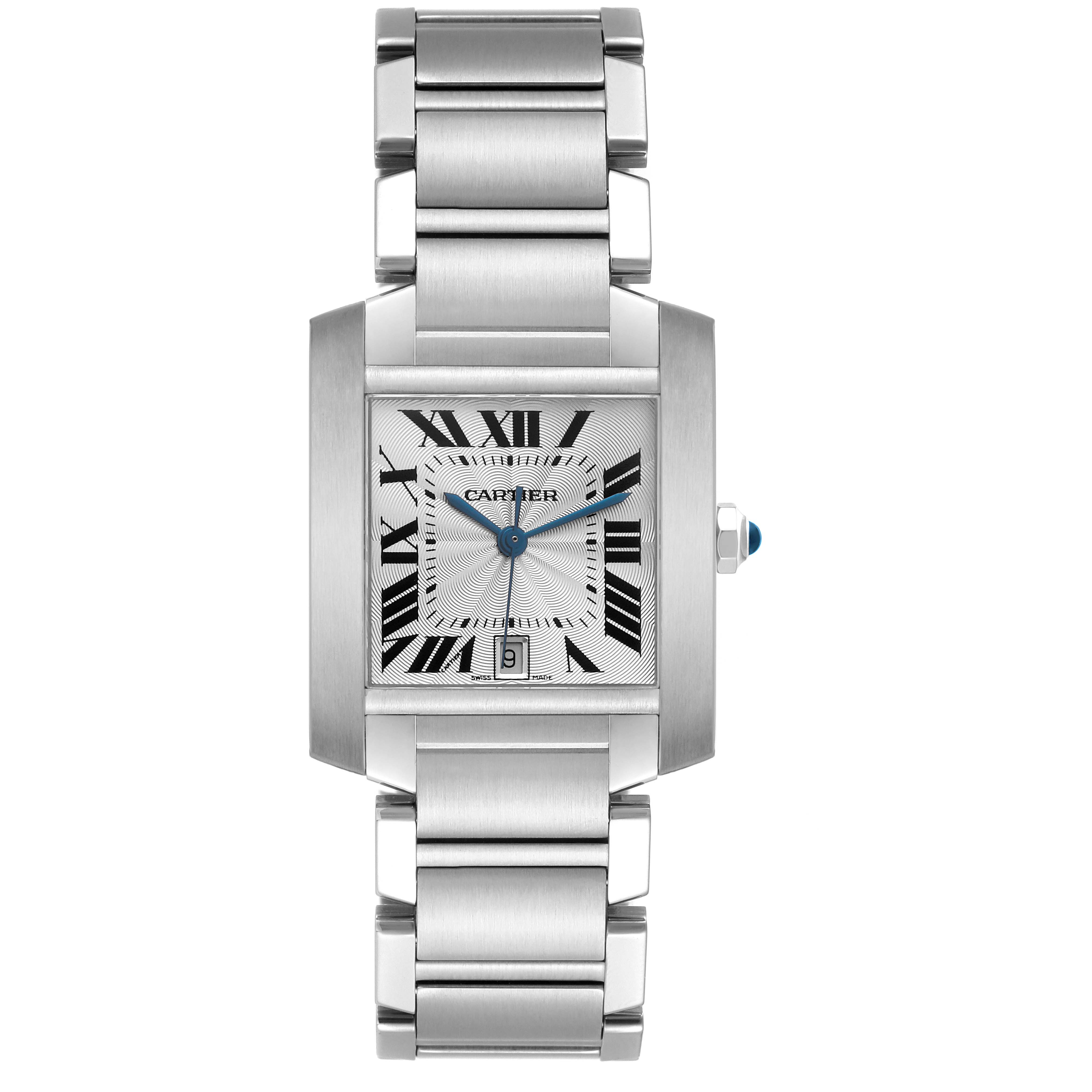 The Cartier Tank Française watch is shown from a front angle, highlighting the dial, case, and bracelet.