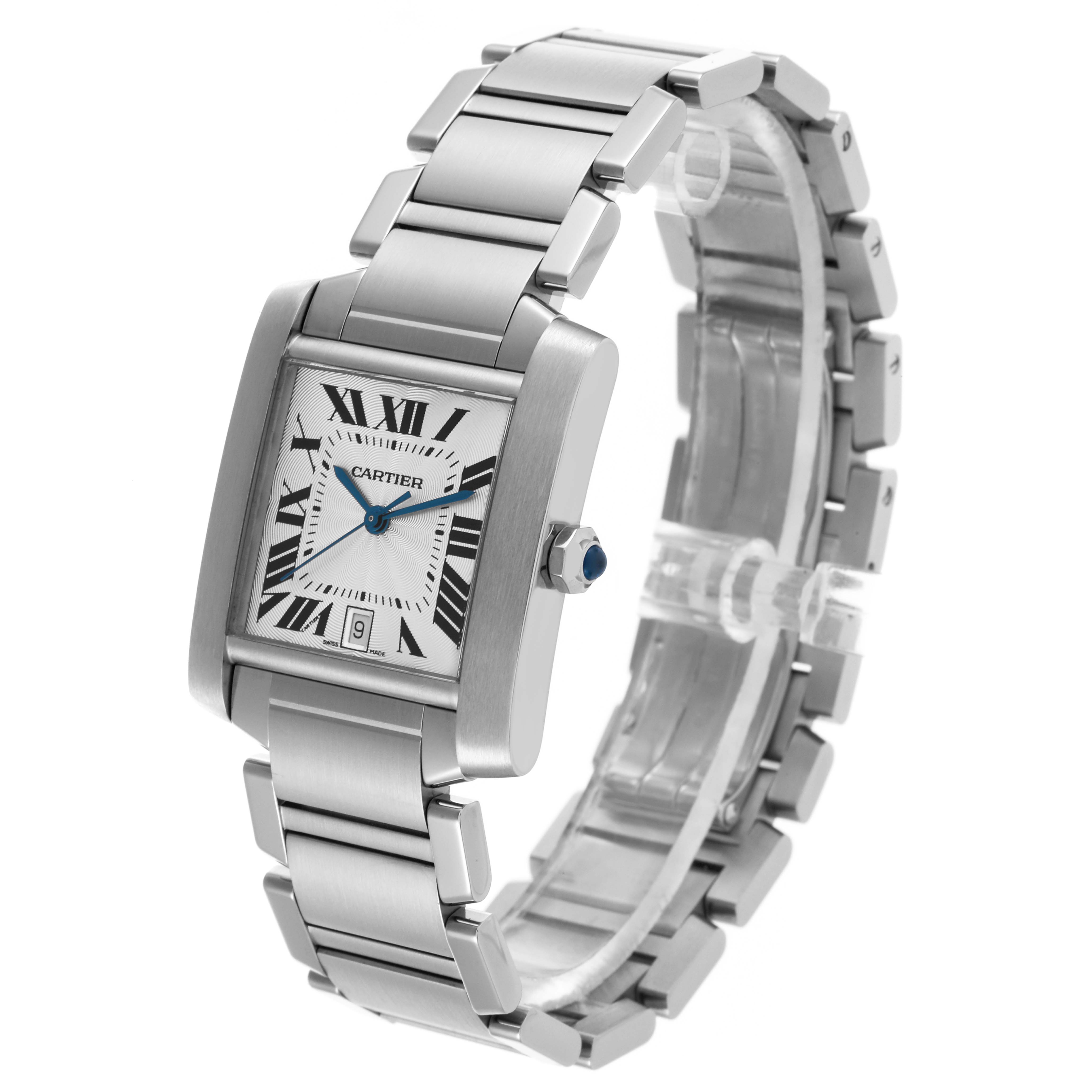 The Cartier Tank Francaise W51002Q3 Men
s Stainless Steel Silver Dial W51002Q3 Men
s Stainless Steel Silver Dial watch is shown at a side angle highlighting the face, bezel, crown, and bracelet.