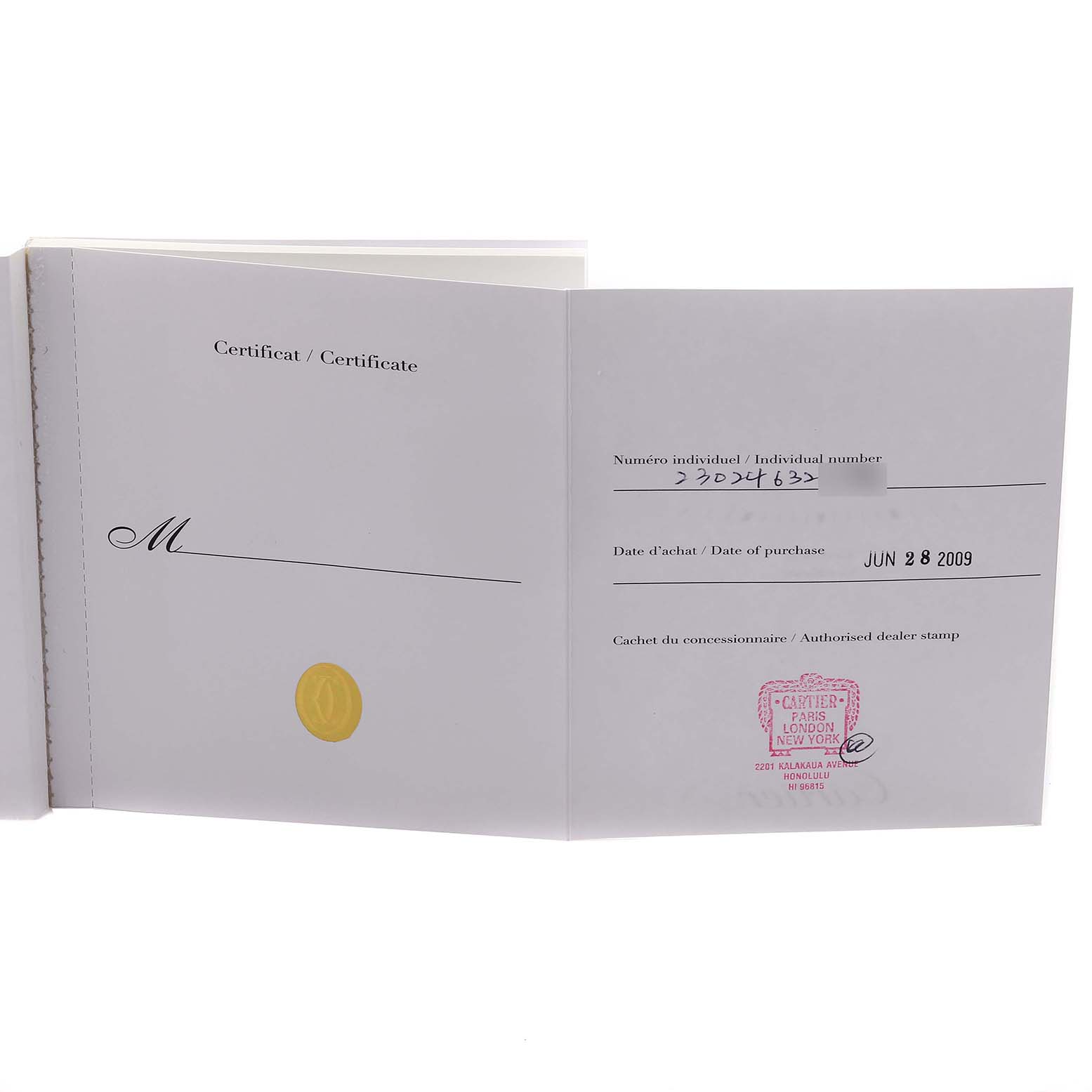 The image shows an open certificate booklet for the Cartier Tank Française model, detailing purchase information and dealer stamp.