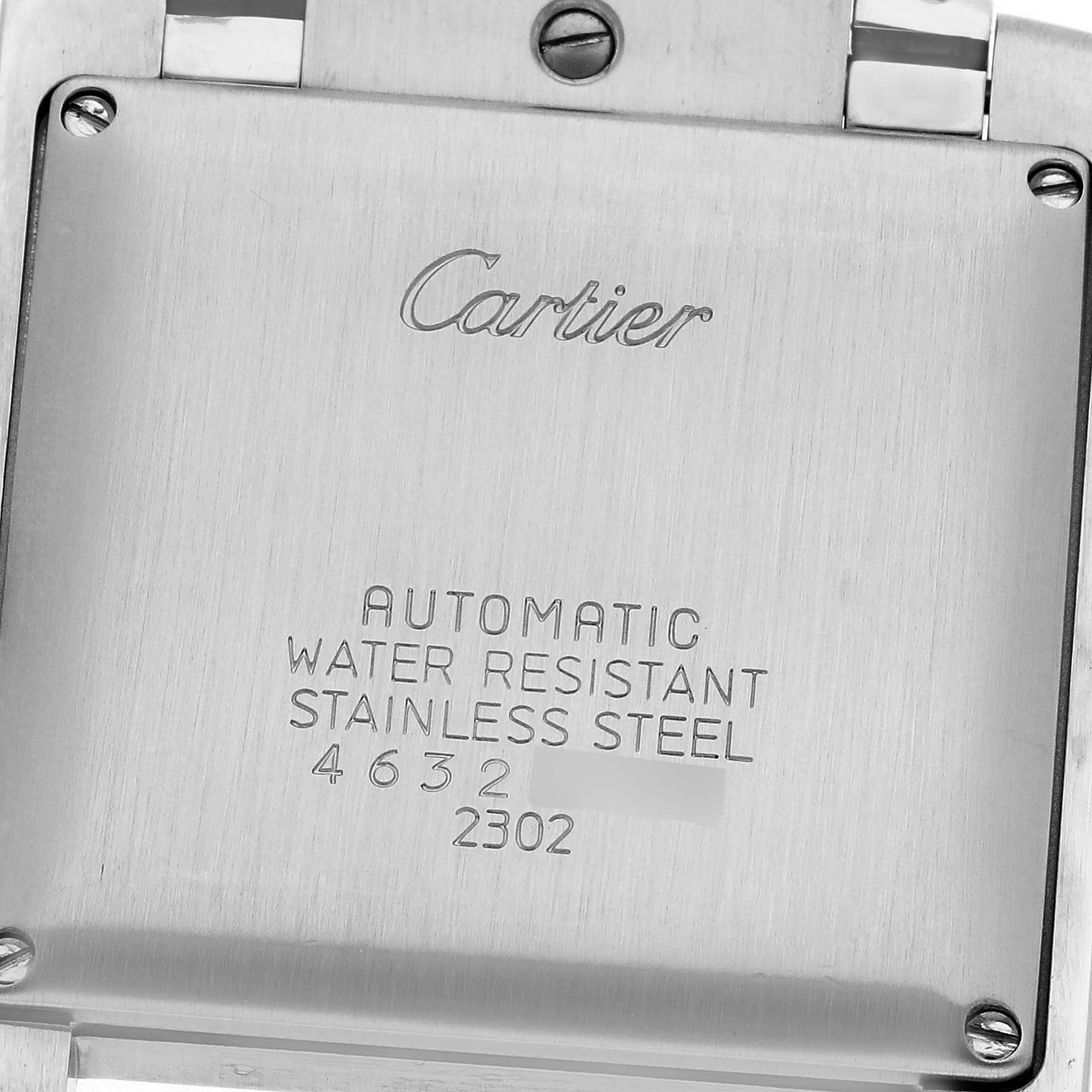 The image shows the back case of the Cartier Tank Française watch from a close-up angle.