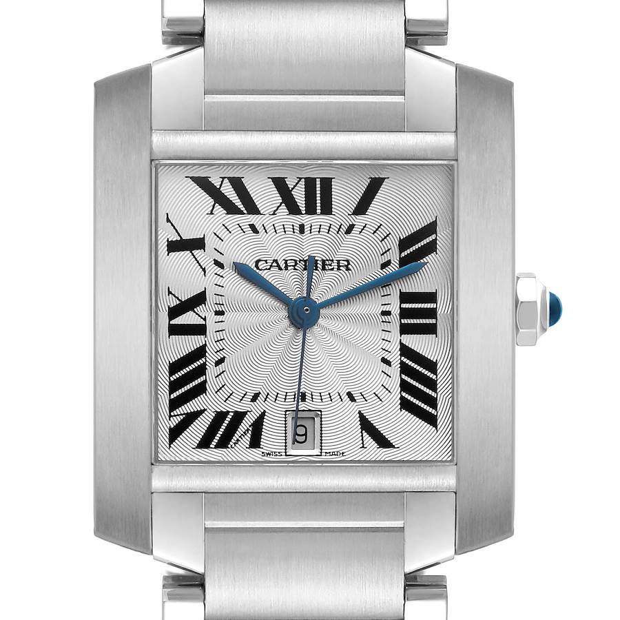 The Cartier Tank Française watch is shown from a frontal angle, highlighting the dial and bracelet.