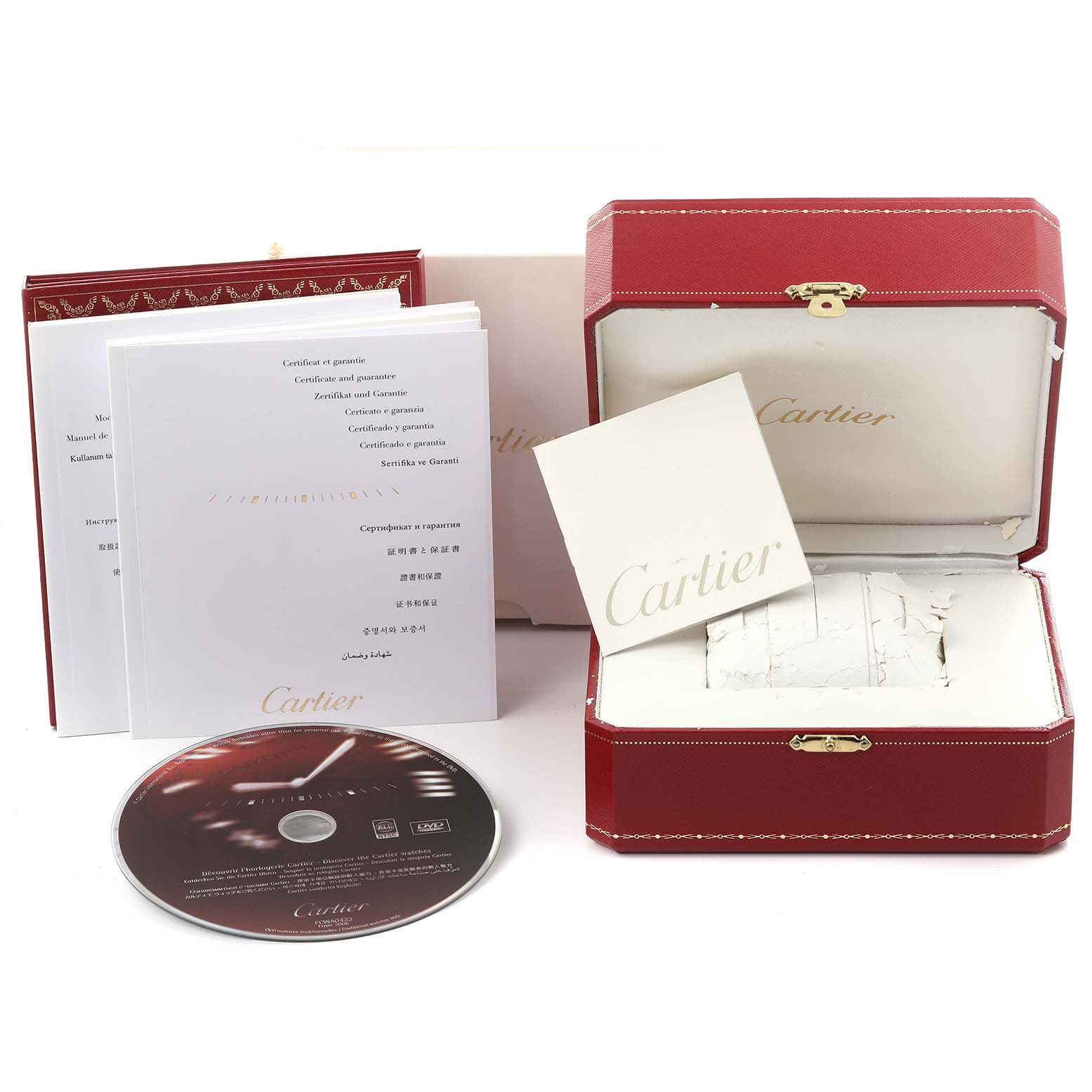 The image shows the Cartier Tank Francaise W51002Q3 Men
s Stainless Steel Silver Dial W51002Q3 Men
s Stainless Steel Silver Dial accessories, including a presentation box, documents, and a CD.