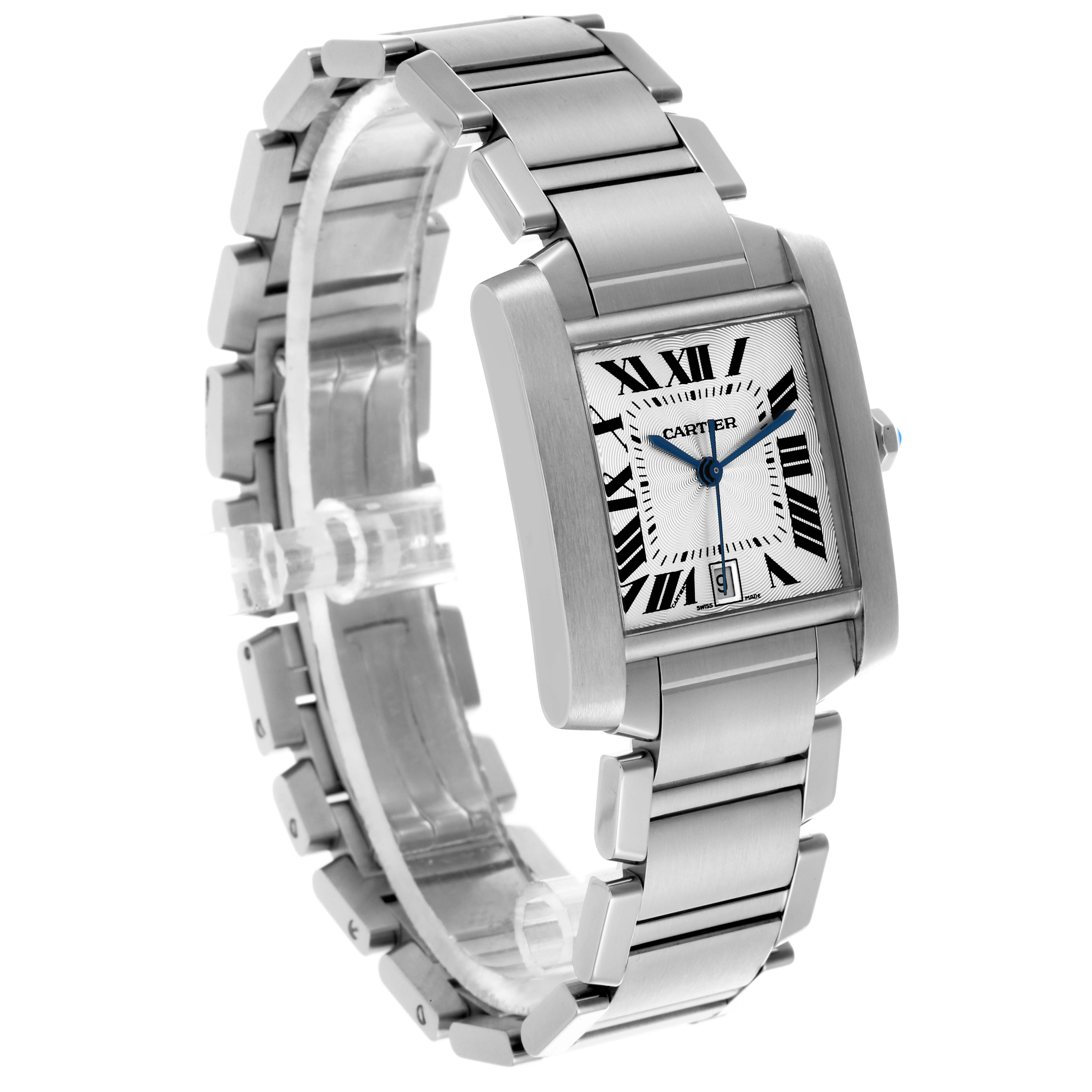 The Cartier Tank Française watch is shown at a three-quarter angle, highlighting the face, bracelet, and side profile.