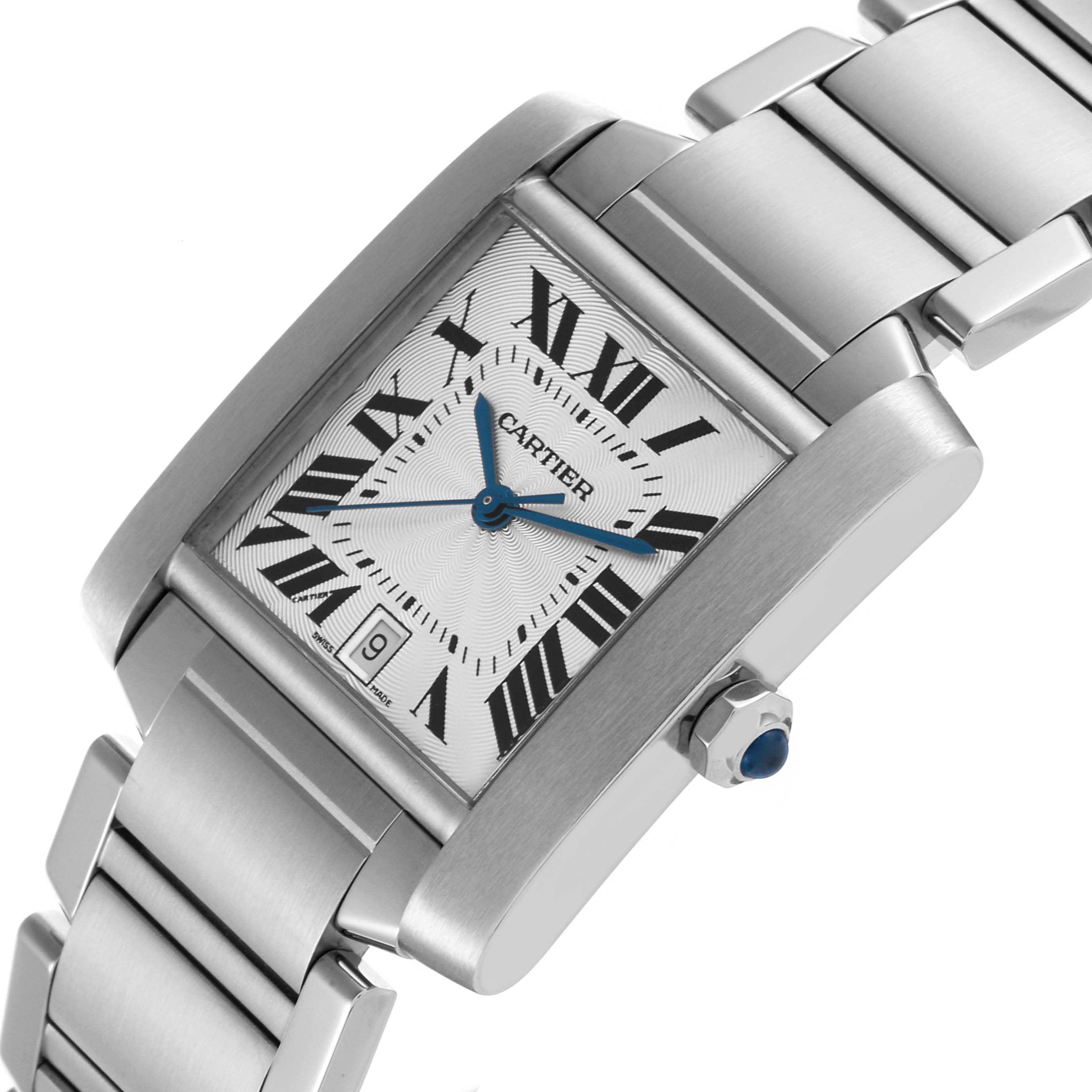 The Cartier Tank Francaise W51002Q3 Men
s Stainless Steel Silver Dial W51002Q3 Men
s Stainless Steel Silver Dial watch is shown at an angle highlighting the face, Roman numerals, and a portion of the metal bracelet.