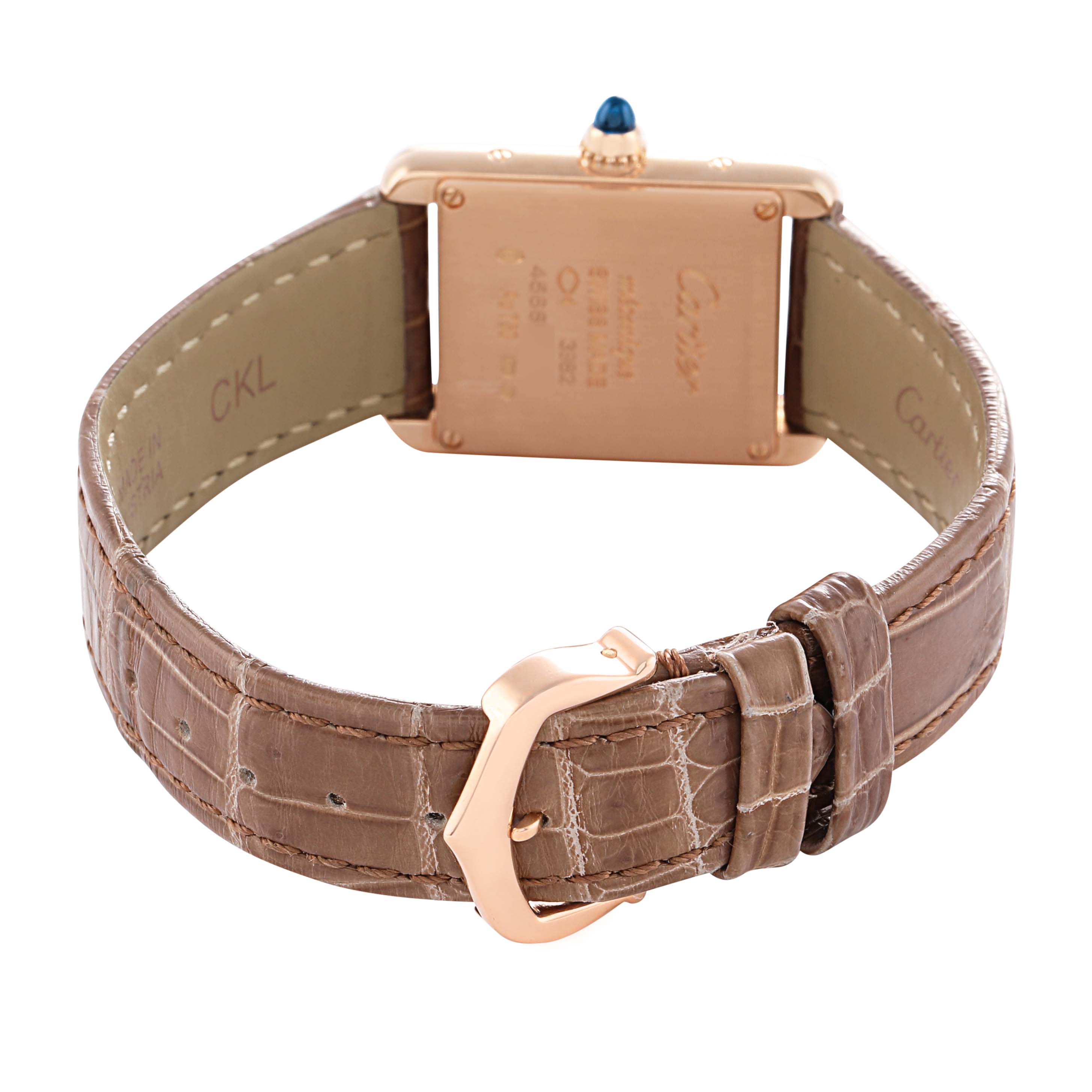 The image shows the Tank Louis by Cartier from the back, highlighting the case back, strap, and buckle.