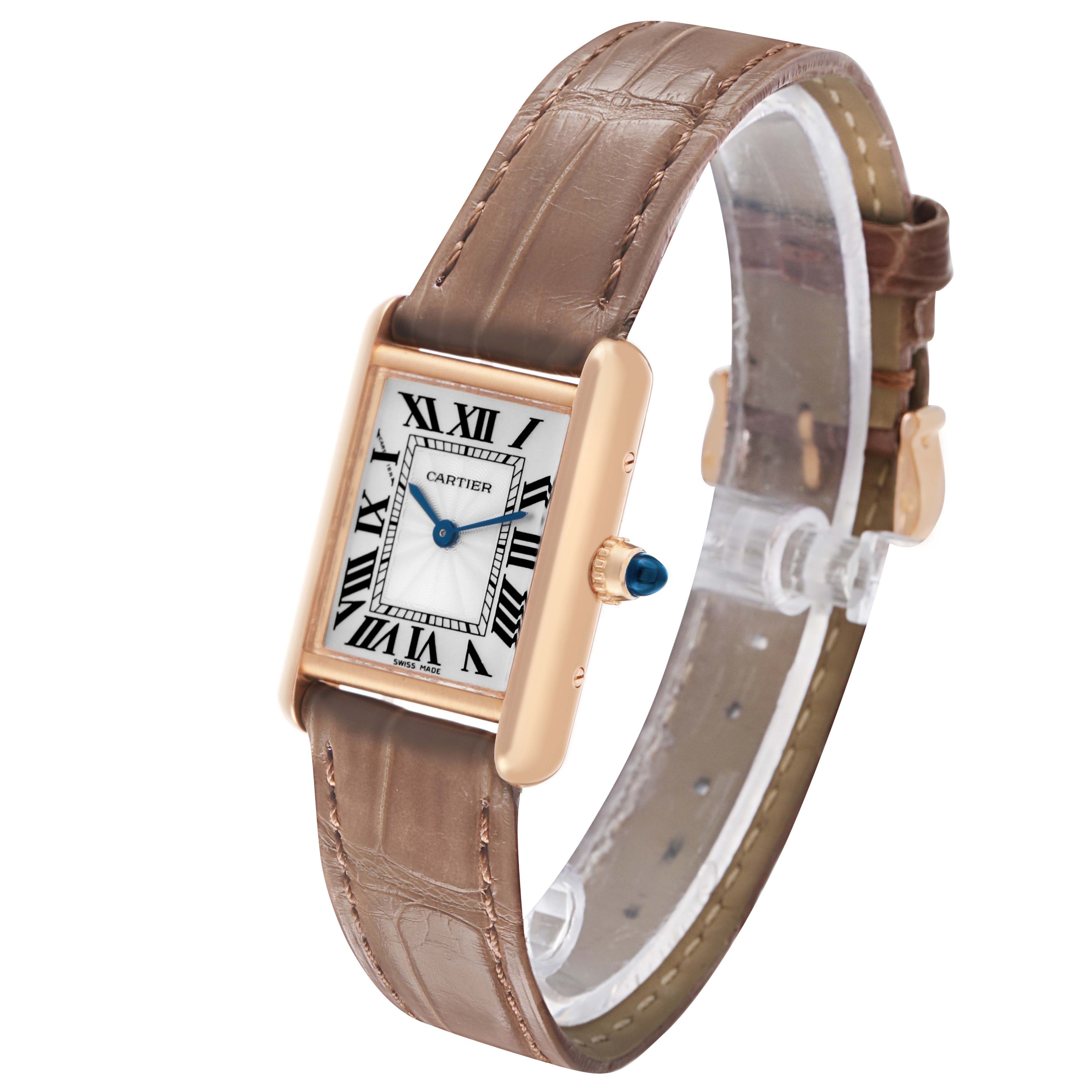 The Cartier Tank Louis WGTA0010 Women's Rose Gold Silver Dial watch is shown at a three-quarter angle, highlighting the face, bezel, strap, and crown.