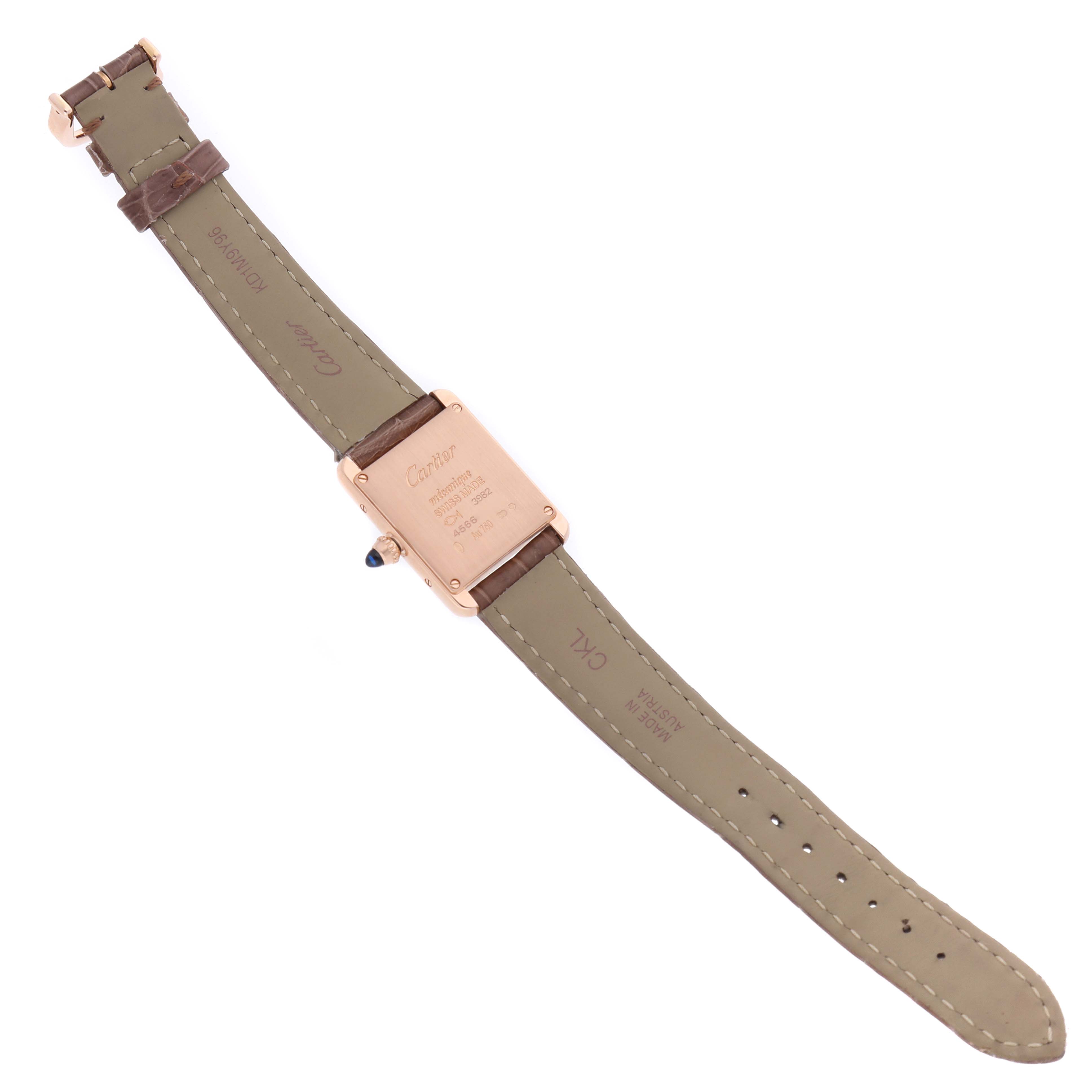 The image shows the back of the Cartier Tank Louis WGTA0010 Women's Rose Gold Silver Dial watch, displaying the strap and case back details.