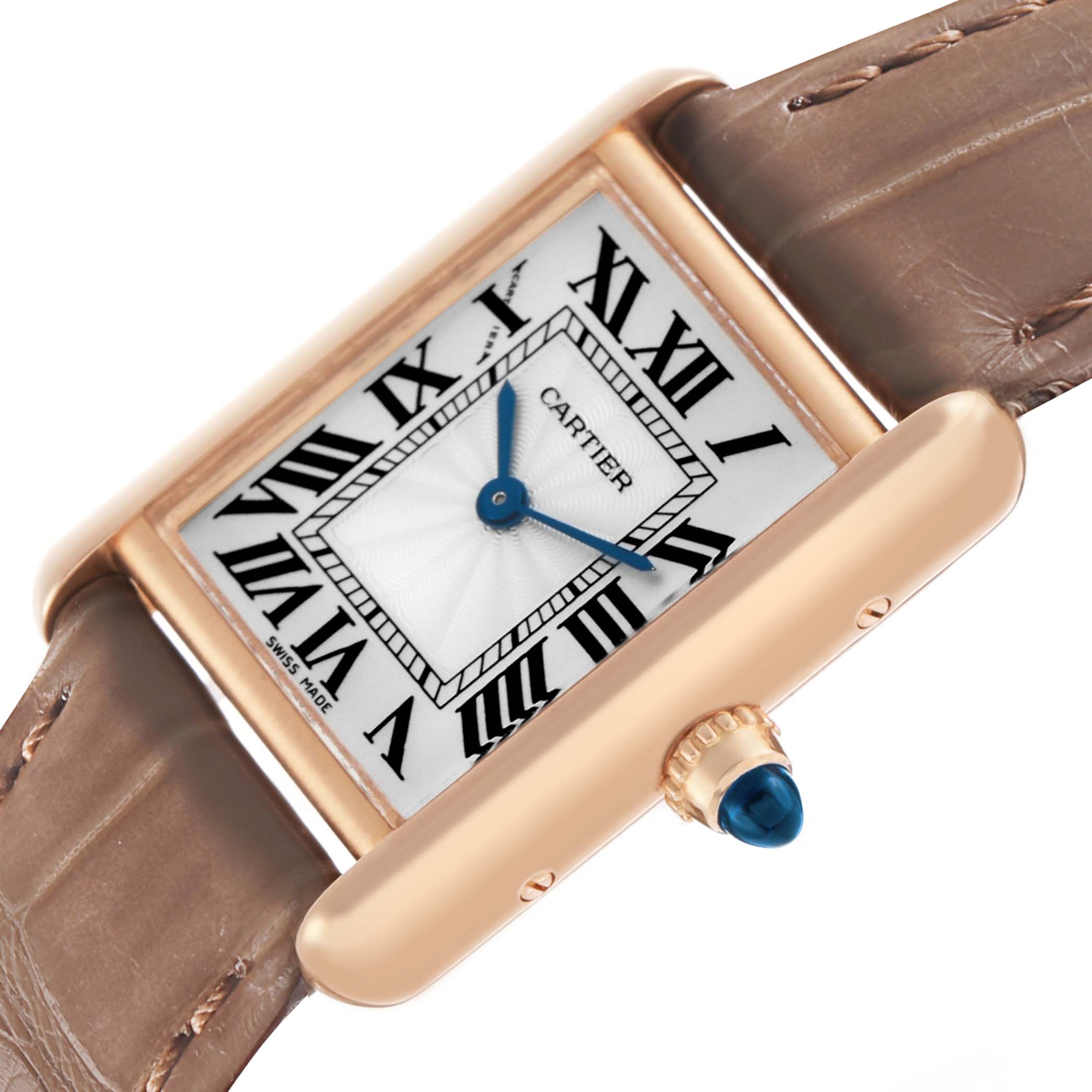 The Cartier Tank Louis WGTA0010 Women's Rose Gold Silver Dial watch is shown at an angled close-up, displaying its dial, Roman numerals, hands, and crown.
