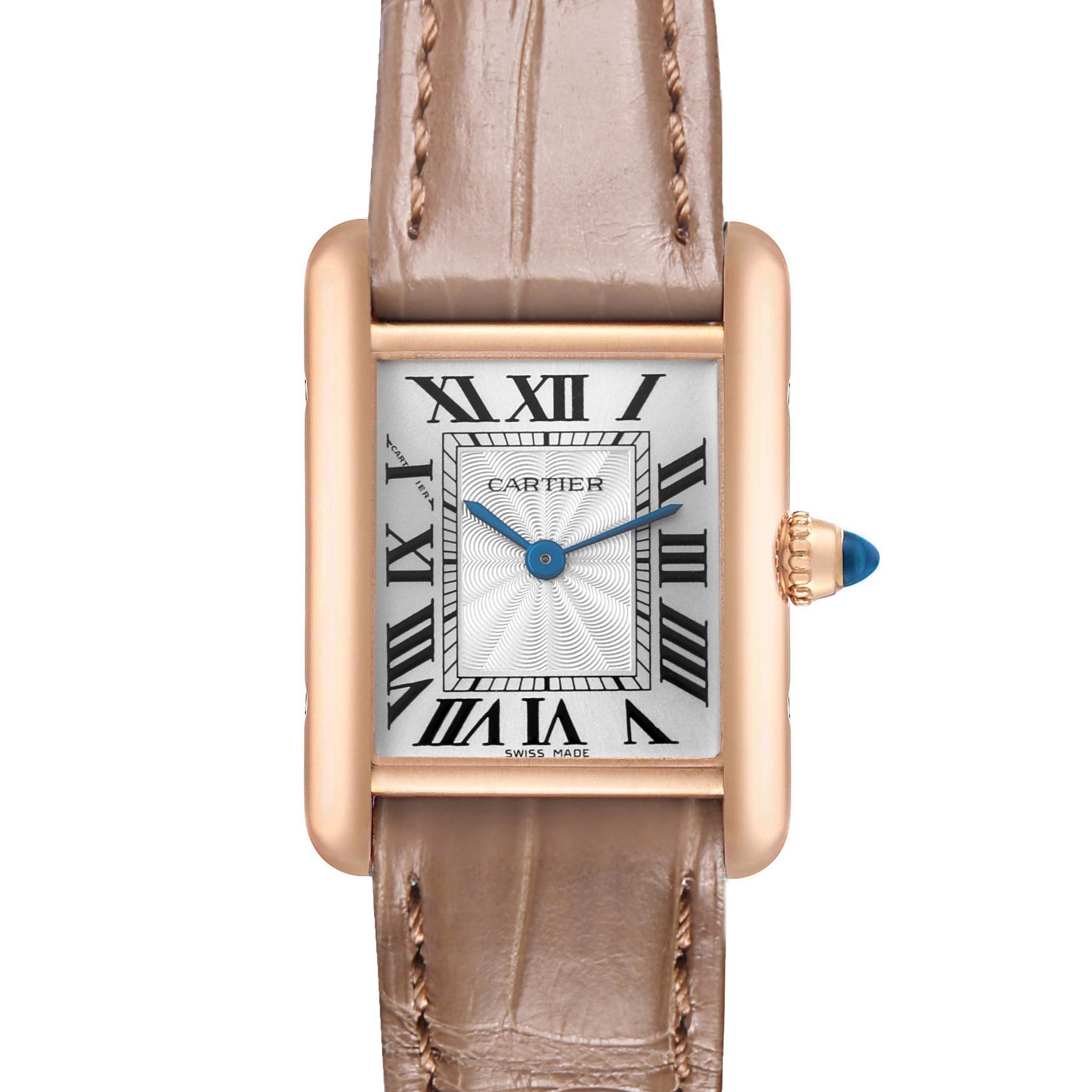 The Cartier Tank Louis WGTA0010 Women's Rose Gold Silver Dial watch is shown from the front, highlighting its rectangular face, Roman numerals, and brown leather strap.