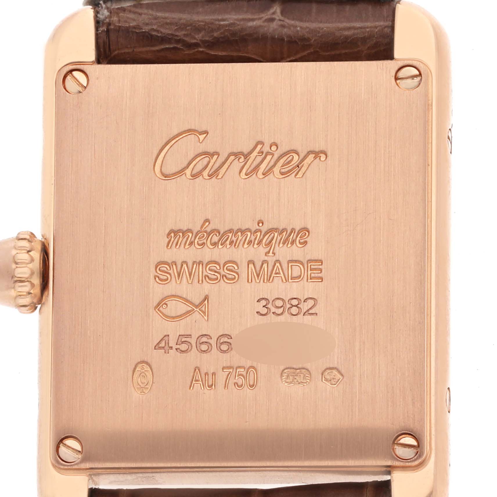 The image shows the back of the Cartier Tank Louis WGTA0010 Women's Rose Gold Silver Dial watch, highlighting engravings and the leather strap attachment.