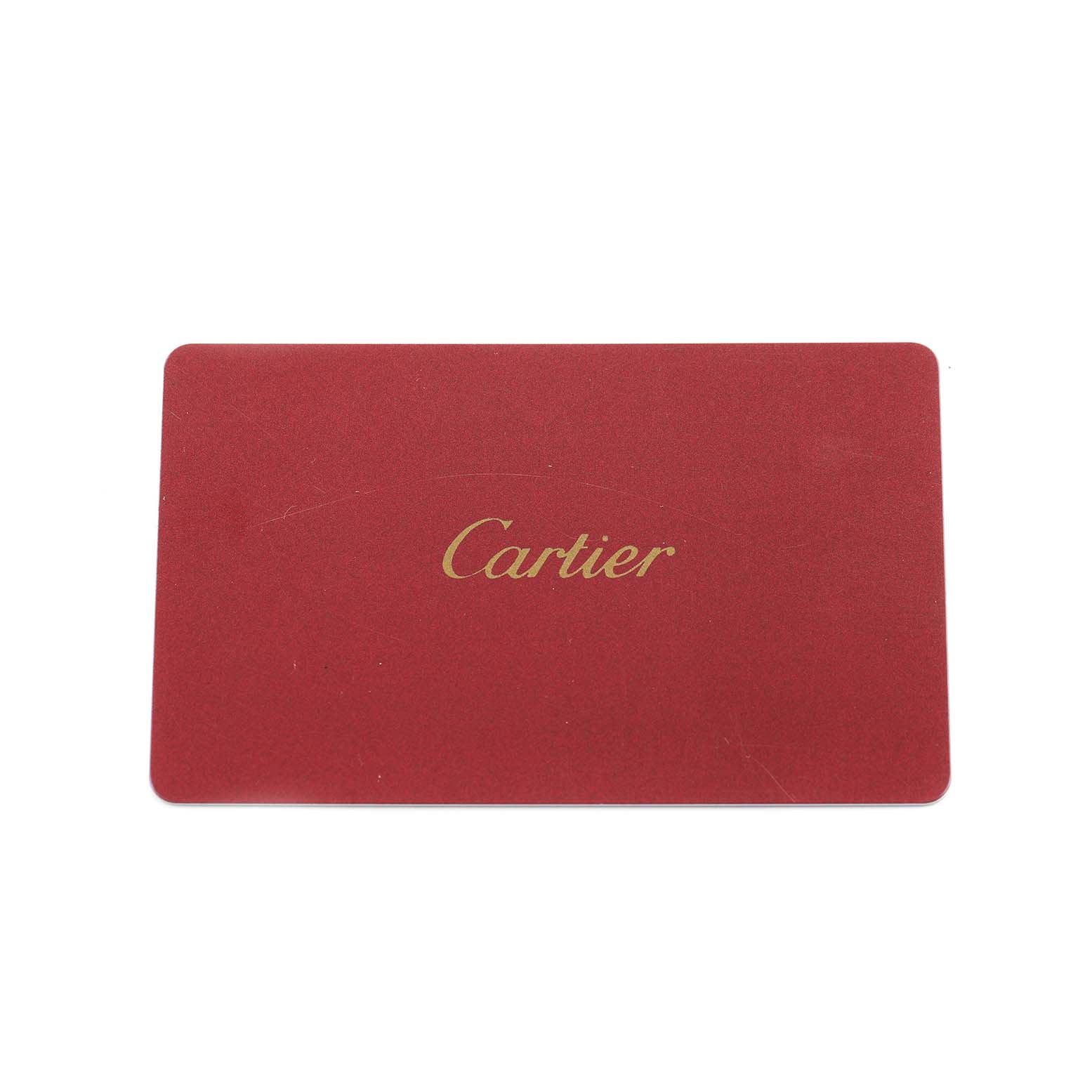 The image shows a red Cartier card, likely an accessory for the Cartier Tank Louis WGTA0010 Women's Rose Gold Silver Dial model watch.