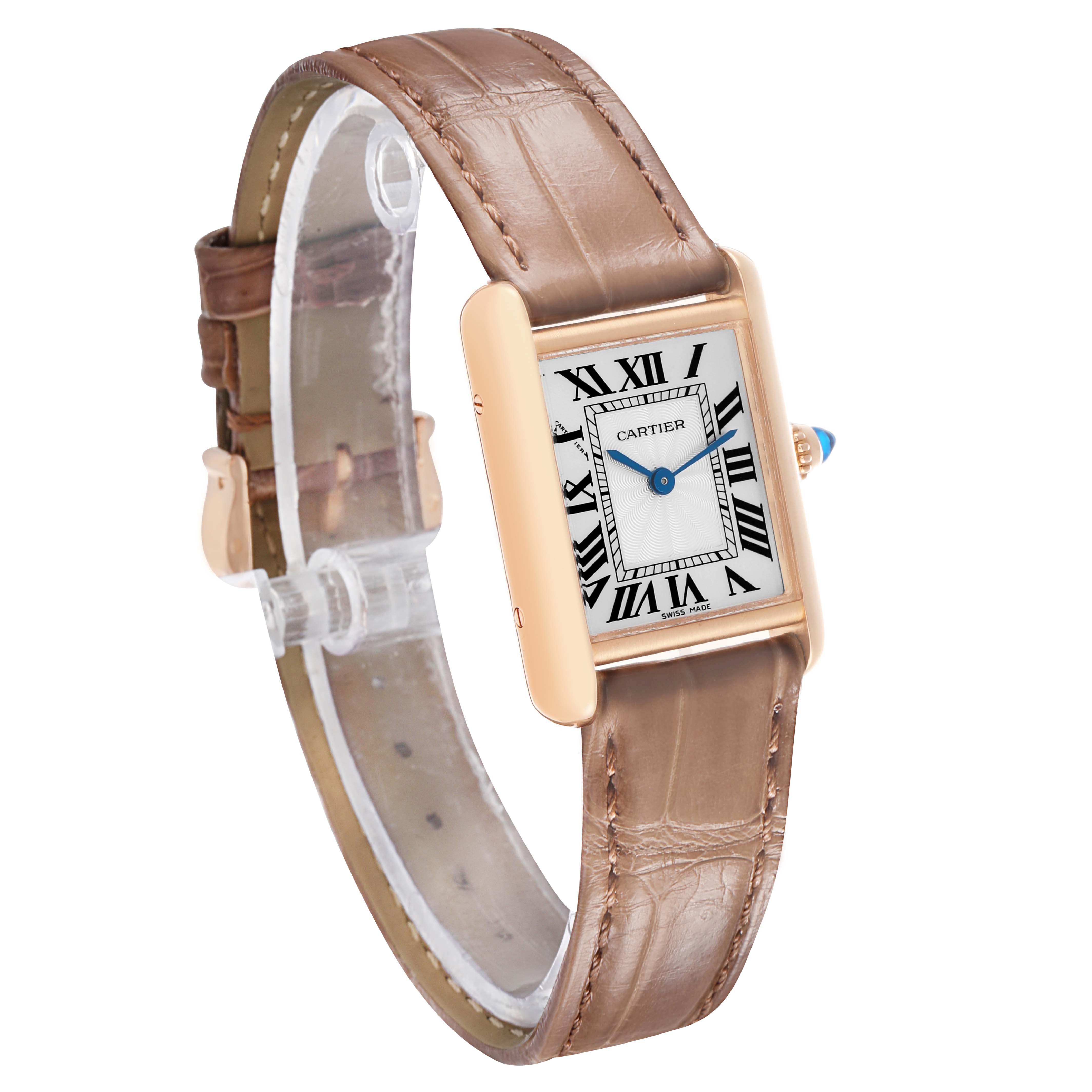 The Cartier Tank Louis WGTA0010 Women's Rose Gold Silver Dial watch is shown at an angled front view, displaying its rectangular face and leather strap.