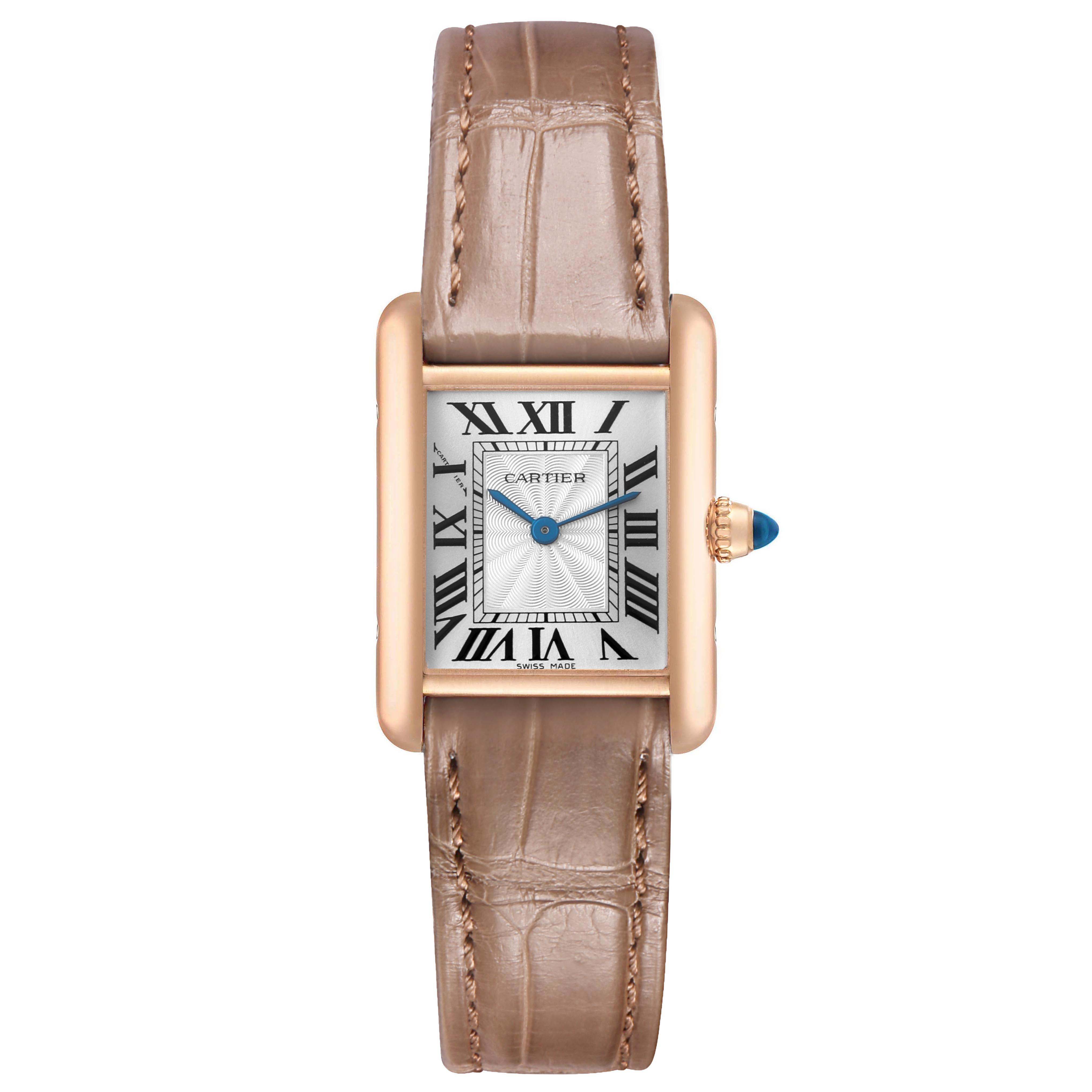 The Cartier Tank Louis WGTA0010 Women's Rose Gold Silver Dial watch is shown from the front, displaying the face, roman numerals, hands, and brown leather strap.