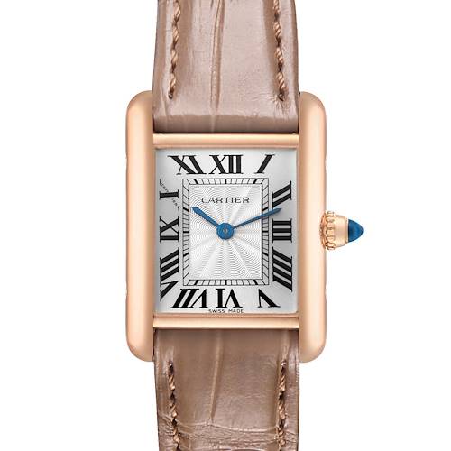 The Cartier Tank Louis WGTA0010 Women's Rose Gold Silver Dial watch is shown from the front, displaying the face, Roman numerals, strap, and crown with a blue cabochon.