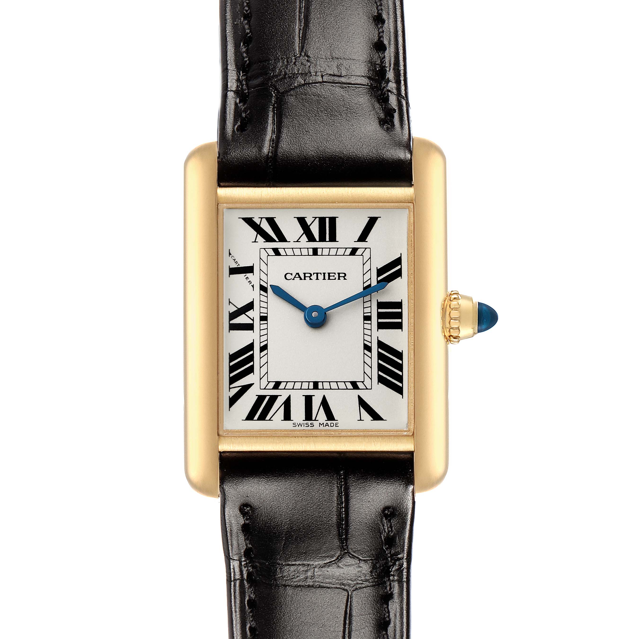 The Cartier Tank Louis W1529856 Women's Yellow Gold Silver Dial watch is shown from the front, highlighting the dial, case, crown, and strap.