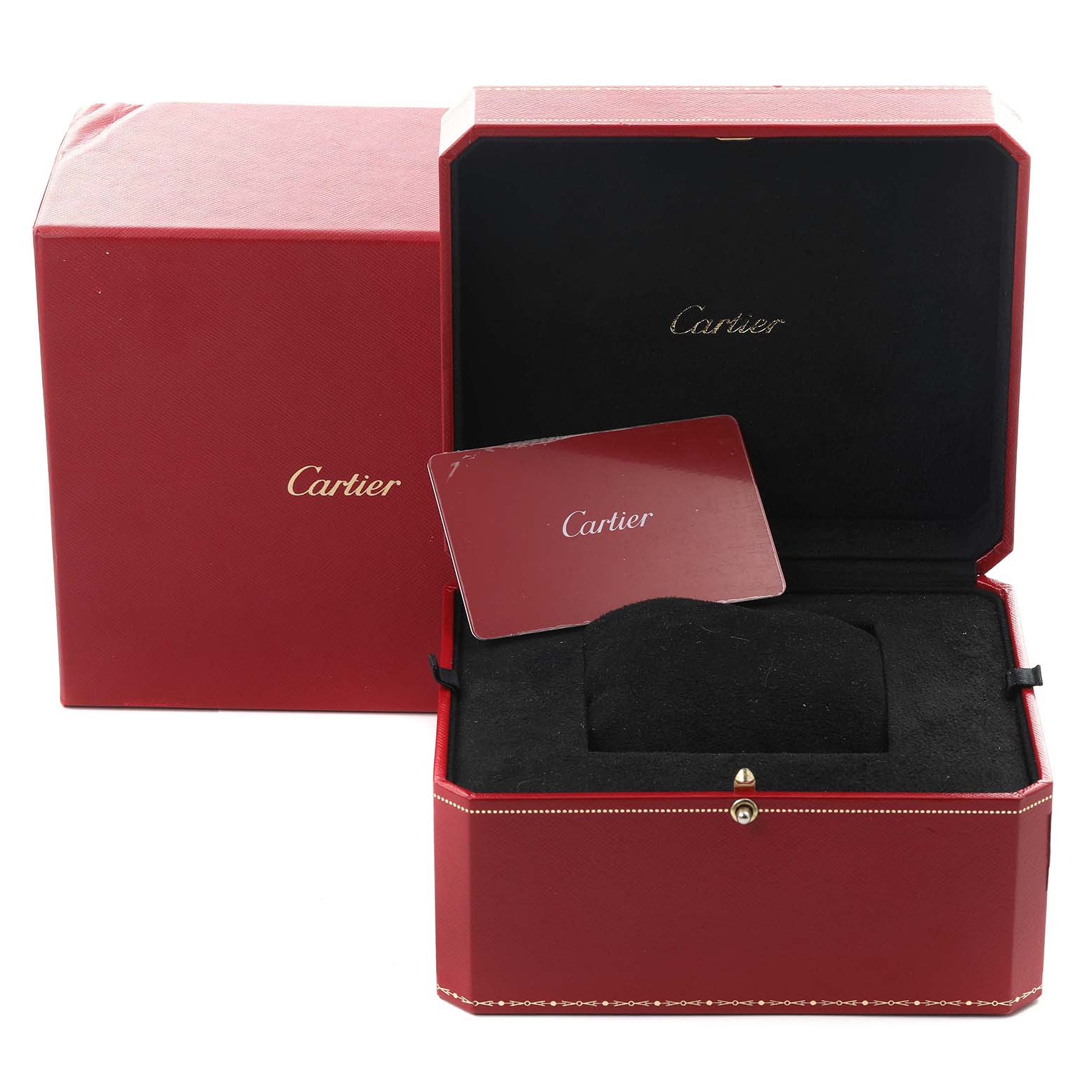 The image shows a Cartier Tank Solo W5200004 Men's Steel and Gold (two tone) Silver Dial W5200004 Men's Steel and Gold (two tone) Silver Dial watch box set, including a red outer box, an inner display case, and a branded card.