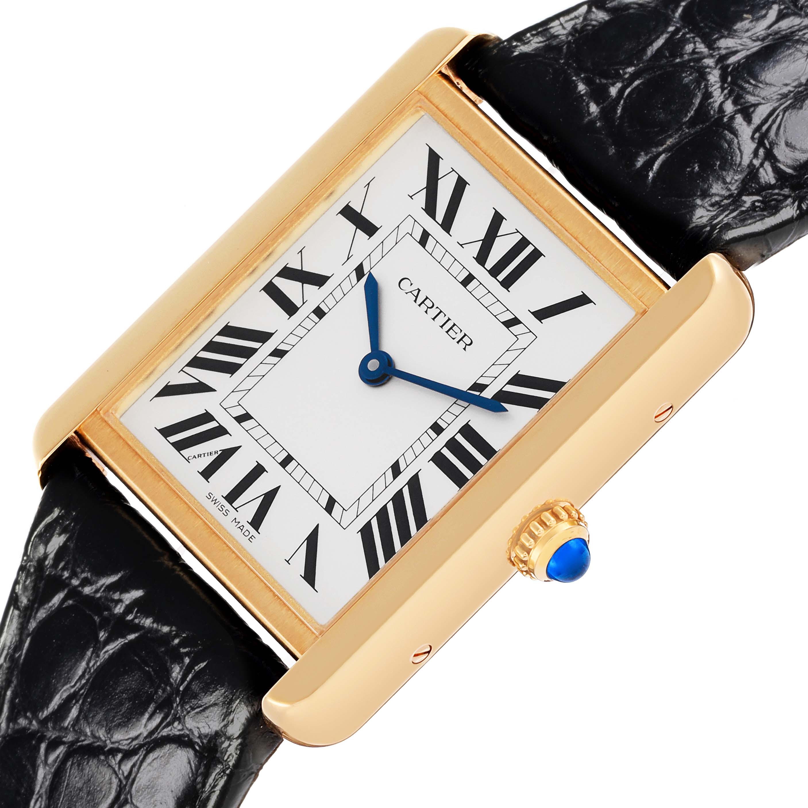 The image shows a Cartier Tank Solo W5200004 Men's Steel and Gold (two tone) Silver Dial W5200004 Men's Steel and Gold (two tone) Silver Dial watch at an angled view, highlighting the gold case, watch face, and blue cabochon crown.