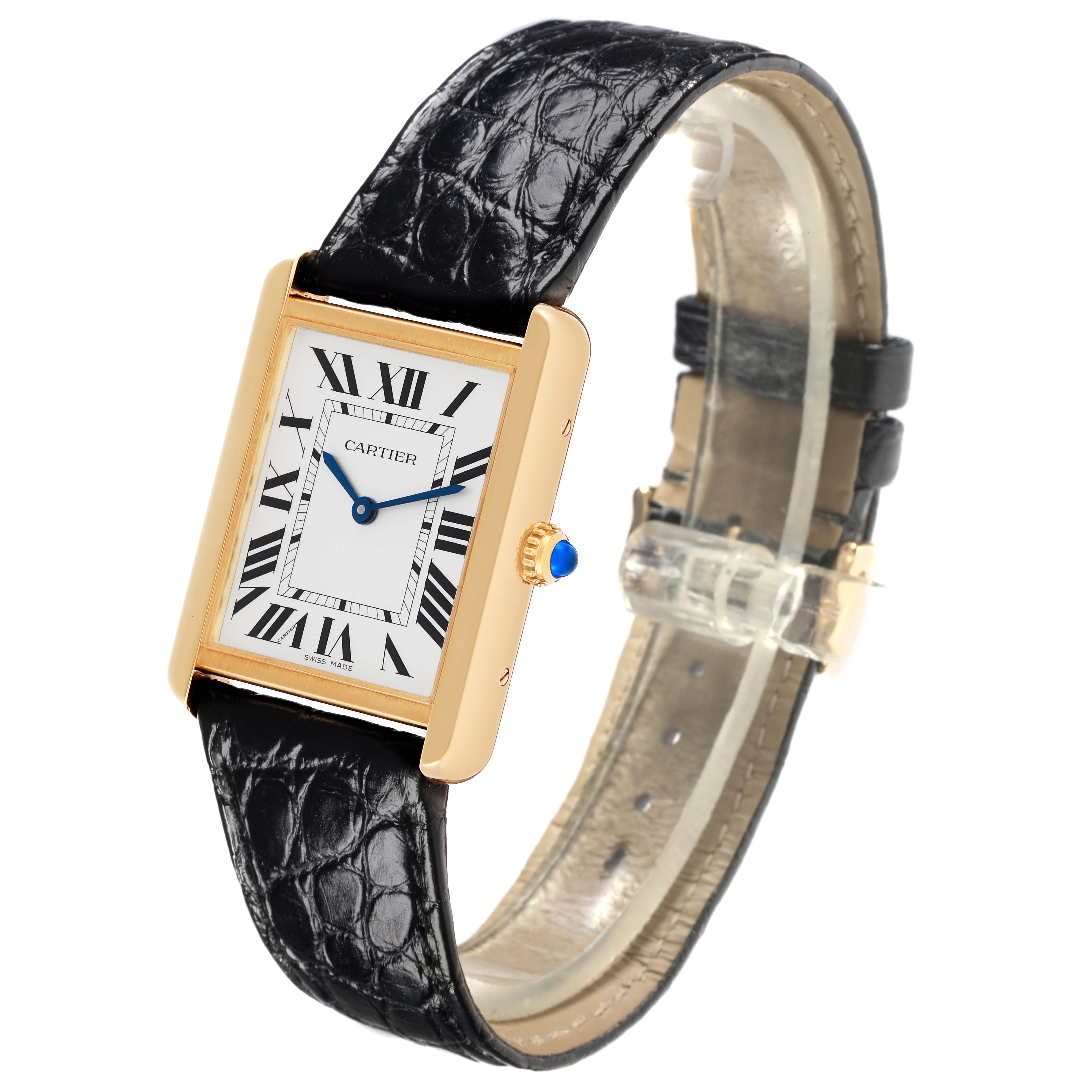 The Cartier Tank Solo W5200004 Men's Steel and Gold (two tone) Silver Dial W5200004 Men's Steel and Gold (two tone) Silver Dial watch is shown at an angled side view, displaying the face, Roman numerals, case, crown, and leather strap.