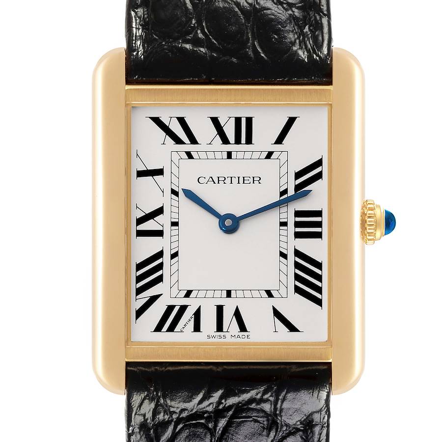 The Cartier Tank Solo watch is shown from the front, highlighting its face, Roman numerals, and crown with a blue cabochon.