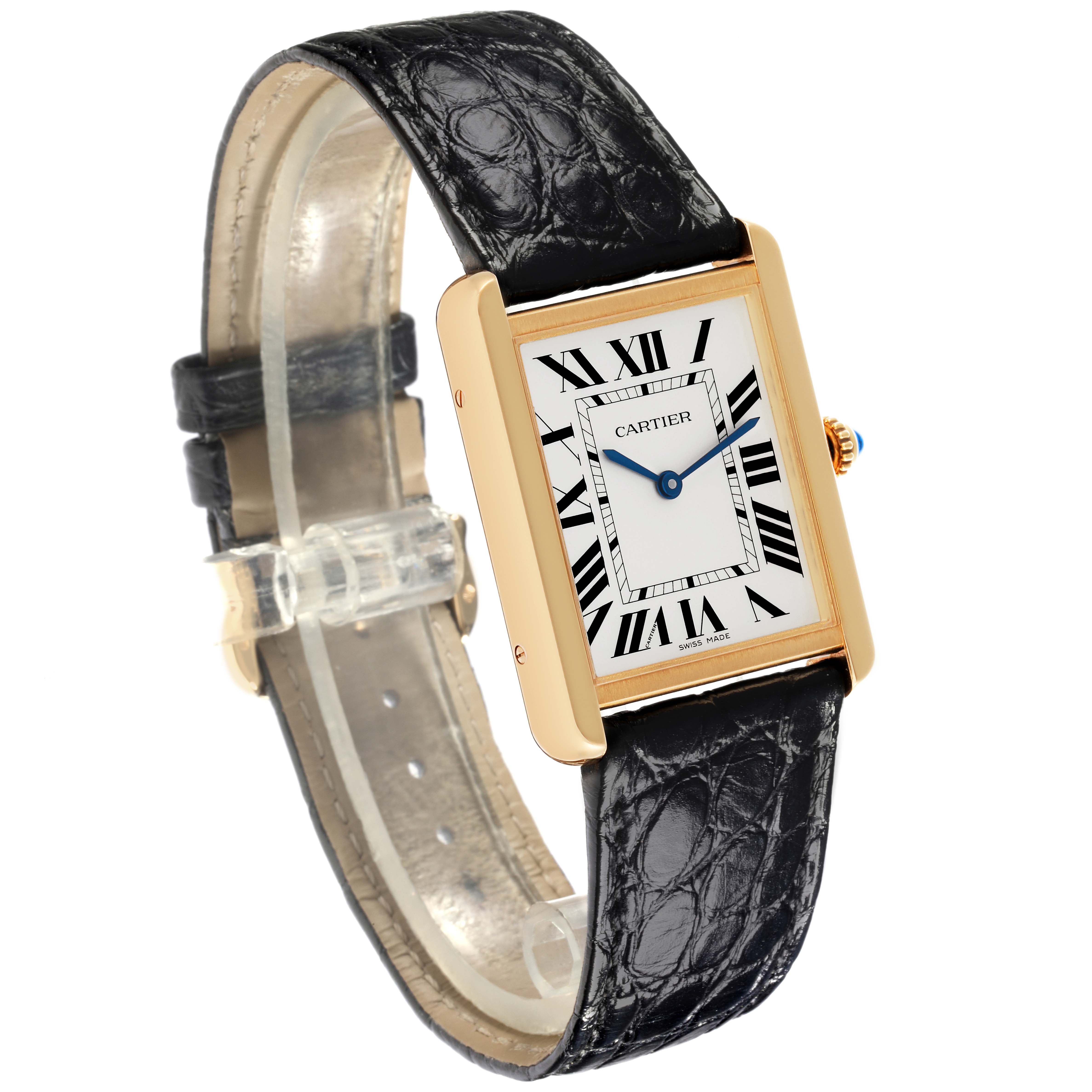 The Cartier Tank Solo W5200004 Men's Steel and Gold (two tone) Silver Dial W5200004 Men's Steel and Gold (two tone) Silver Dial watch is shown at a three-quarter angle, highlighting the face, case, crown, and strap.