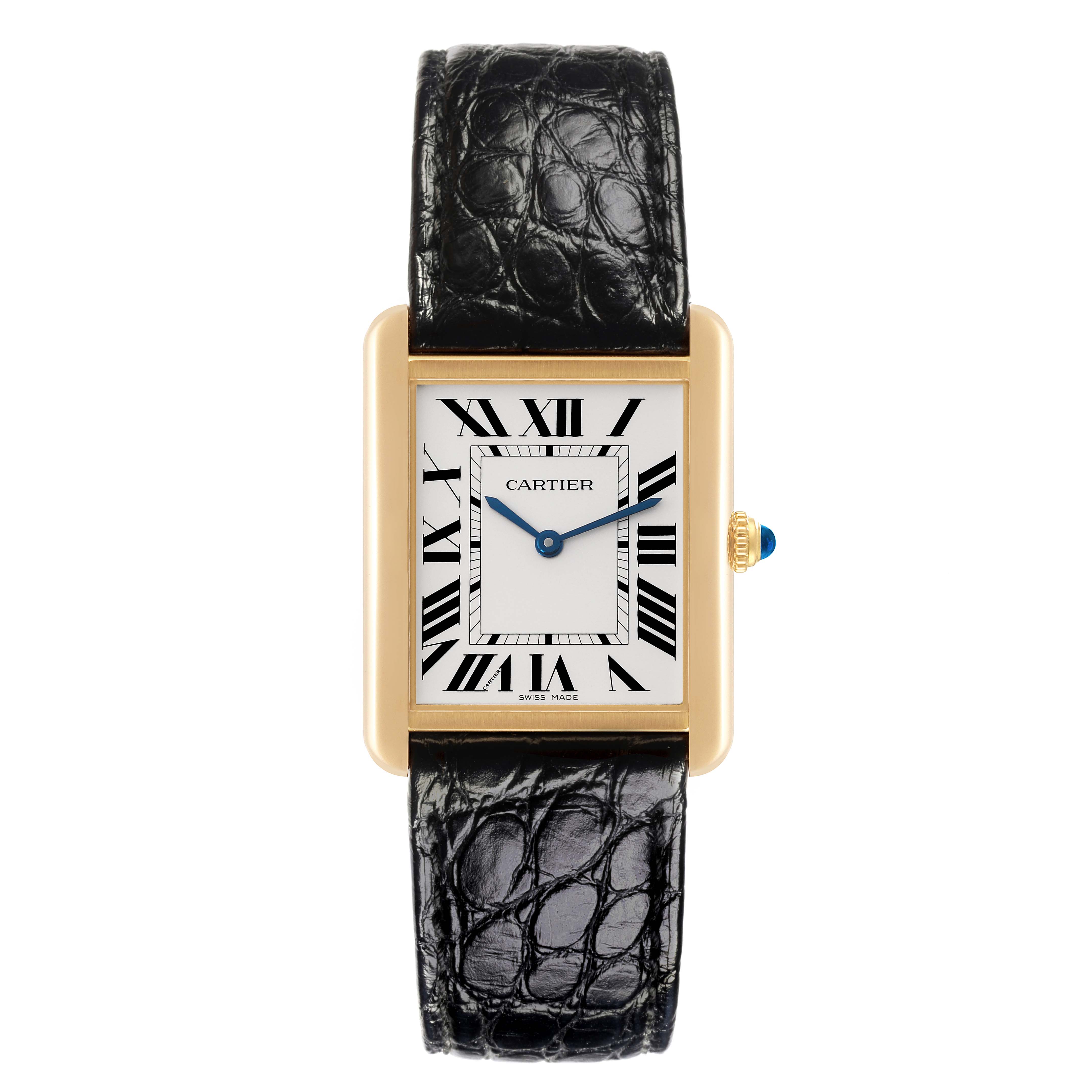 The Cartier Tank Solo W5200004 Men's Steel and Gold (two tone) Silver Dial W5200004 Men's Steel and Gold (two tone) Silver Dial watch is shown from the front, highlighting the face, Roman numerals, and leather strap.