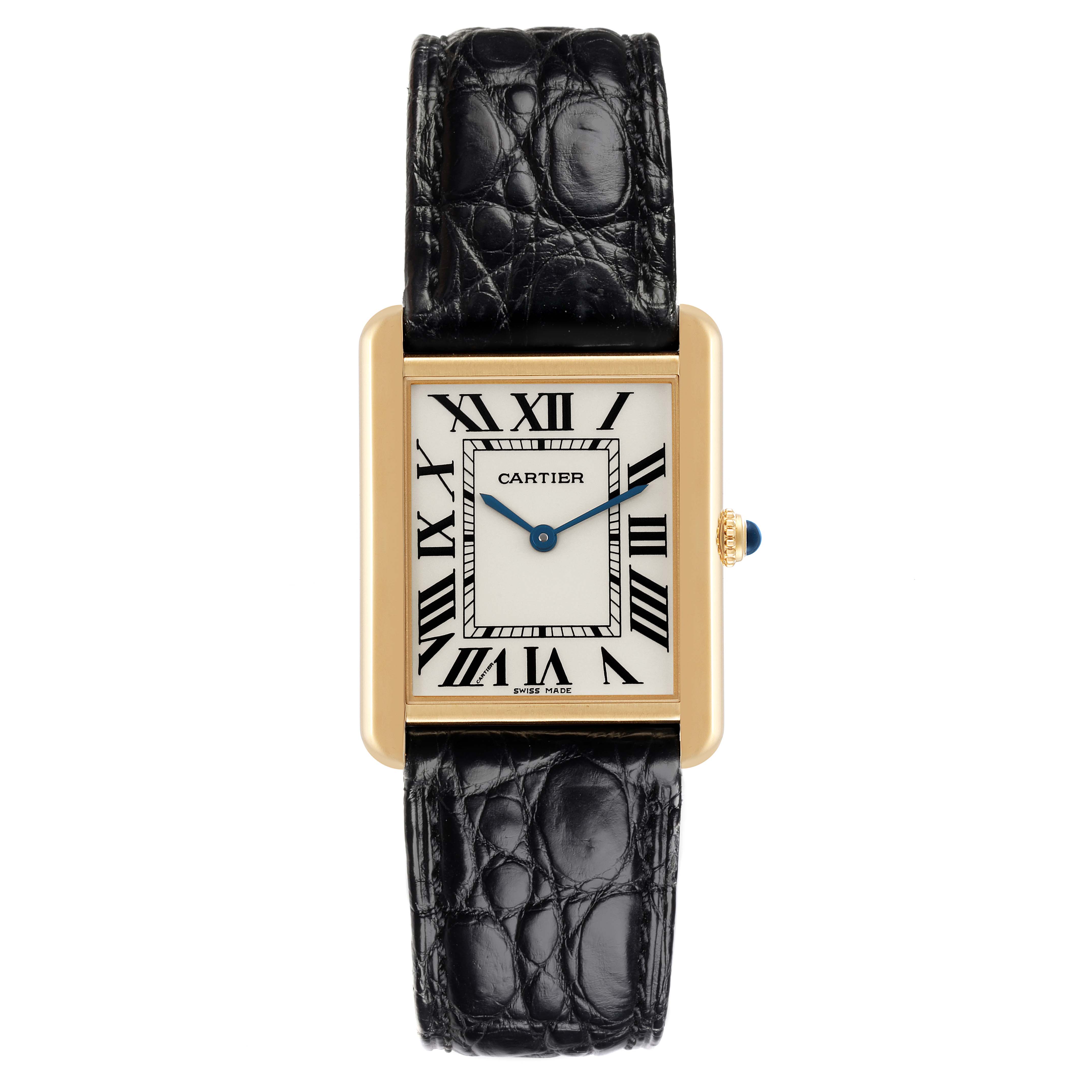 The Cartier Tank Solo W5200004 Men
s Steel and Gold (two tone) Silver Dial W5200004 Men
s Steel and Gold (two tone) Silver Dial watch is shown from a top-down angle, displaying the face, crown, and black strap.