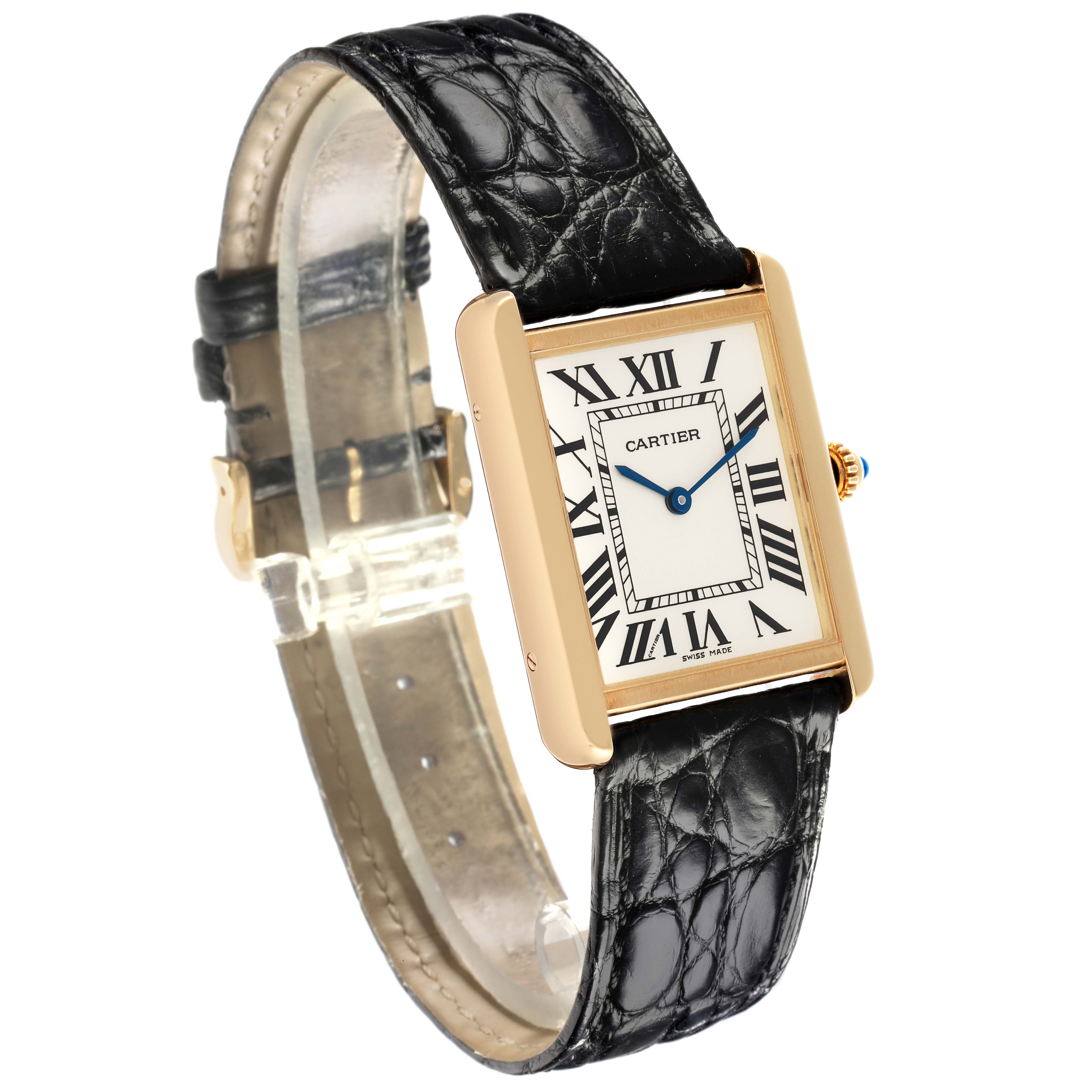 The Cartier Tank Solo W5200004 Men
s Steel and Gold (two tone) Silver Dial W5200004 Men
s Steel and Gold (two tone) Silver Dial watch is shown at a slight angle, displaying the face, strap, and side view with the crown.
