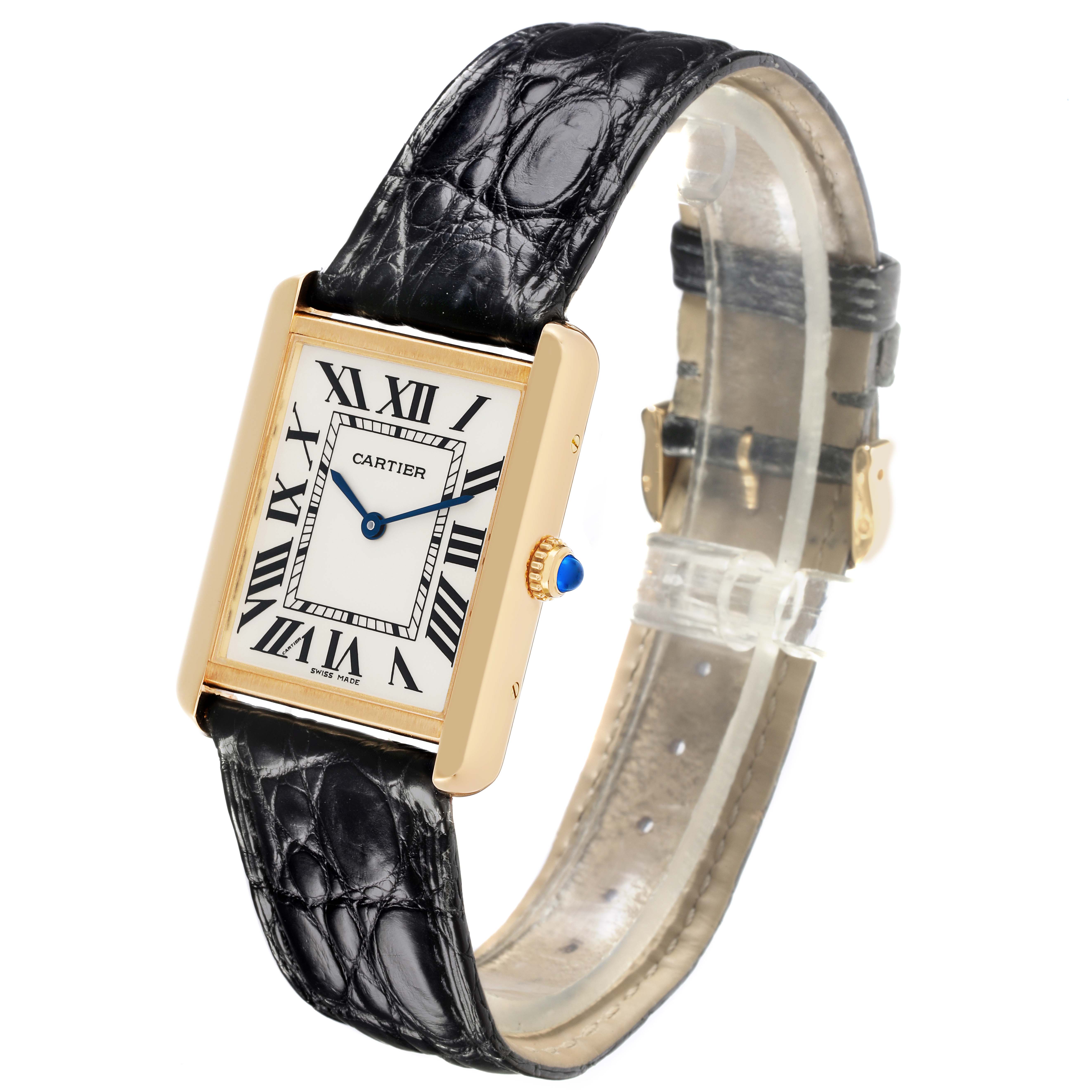 The Cartier Tank Solo W5200004 Men
s Steel and Gold (two tone) Silver Dial W5200004 Men
s Steel and Gold (two tone) Silver Dial watch is shown at an angle displaying the face, crown, and leather strap, highlighting its elegant design.