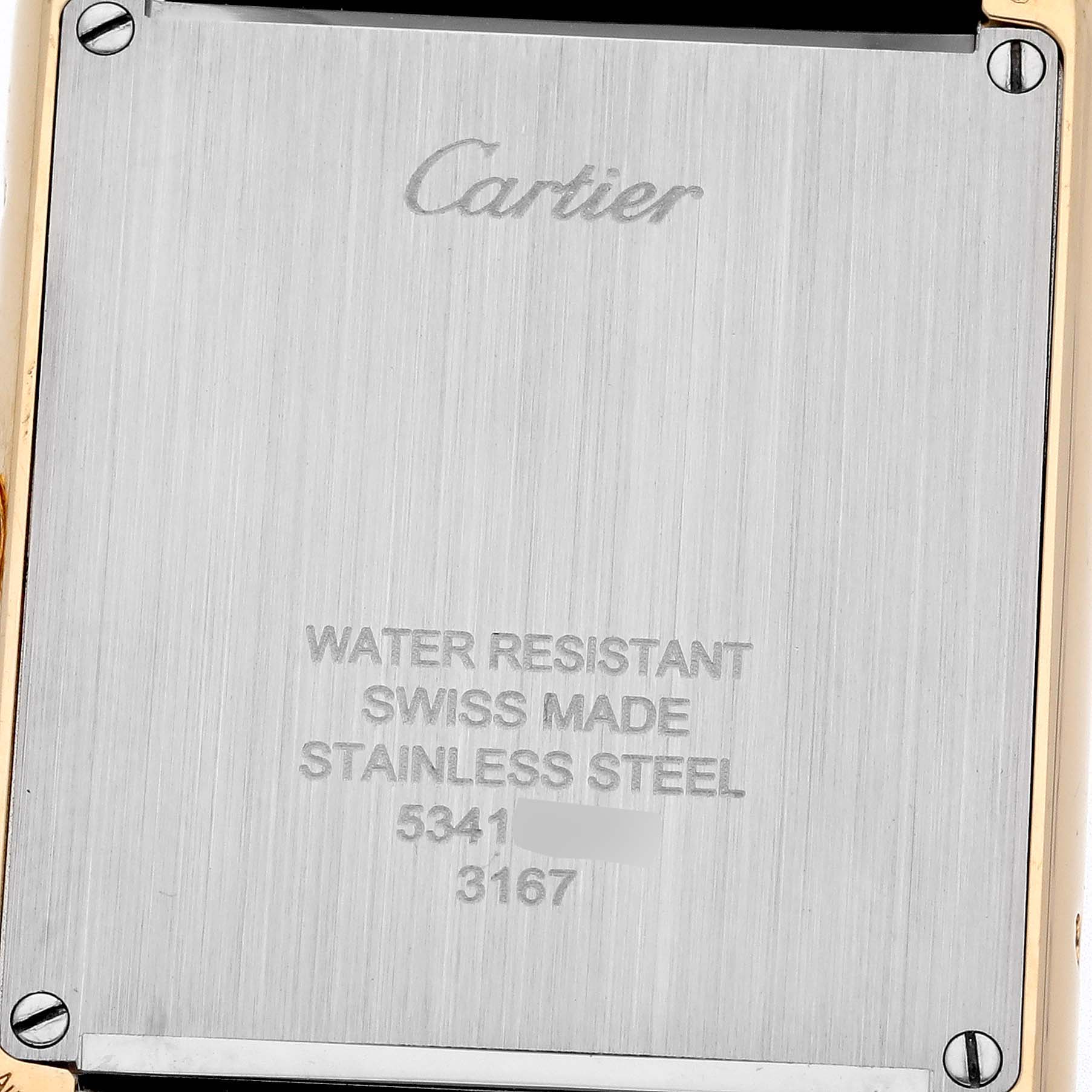 The image shows the back case of a Cartier Tank Solo W5200004 Men
s Steel and Gold (two tone) Silver Dial W5200004 Men
s Steel and Gold (two tone) Silver Dial, highlighting its branding and specifications.