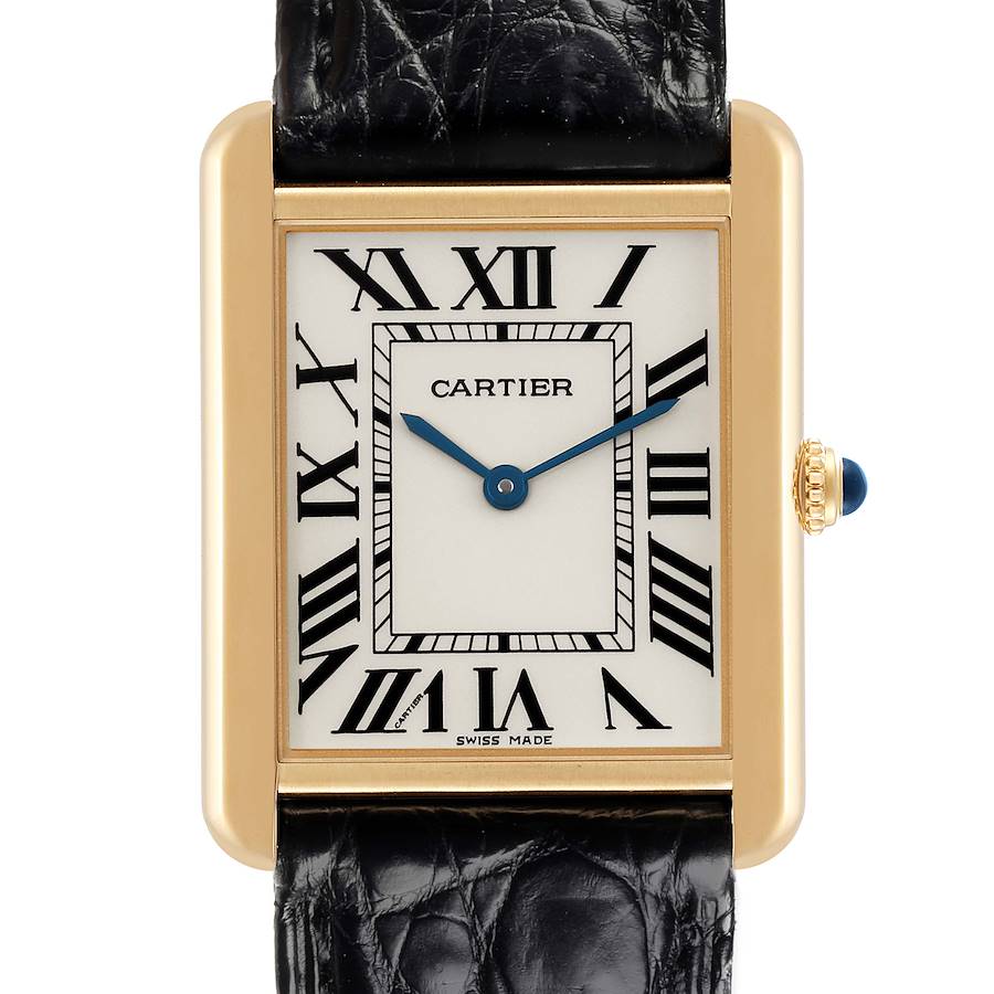 The image shows a frontal view of the Cartier Tank Solo watch, highlighting its face, Roman numerals, and black strap.