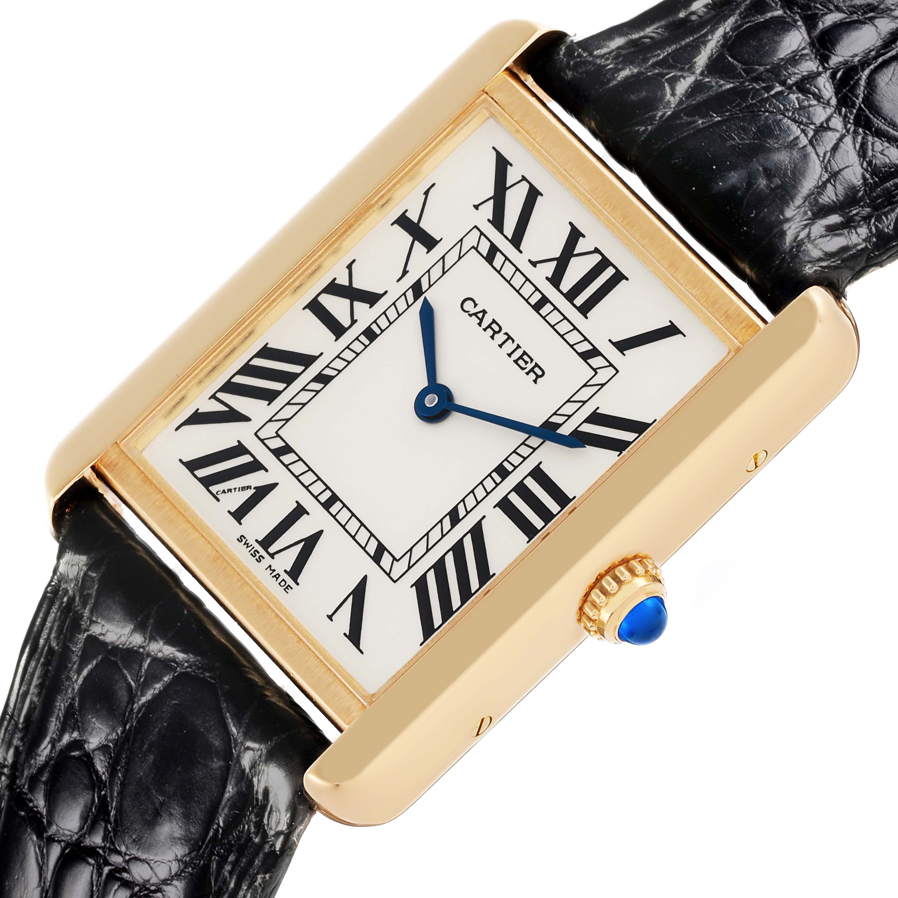 The Cartier Tank Solo W5200004 Men
s Steel and Gold (two tone) Silver Dial W5200004 Men
s Steel and Gold (two tone) Silver Dial watch is shown from a close-up, angled view highlighting the face and crown.