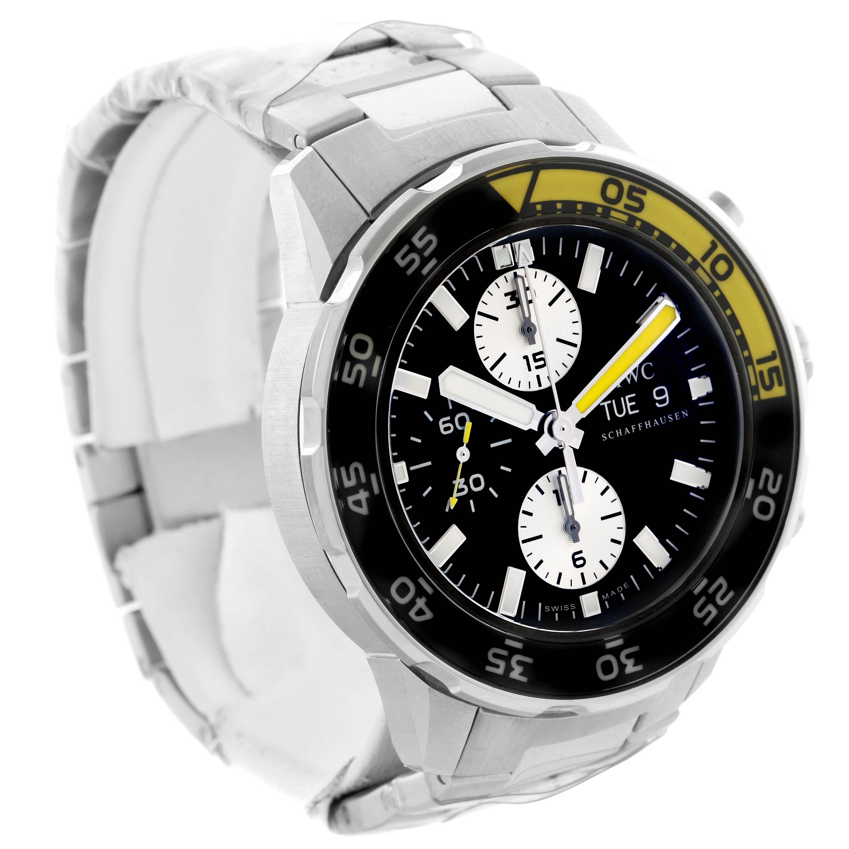 The image shows an IWC Aquatimer IW376701 Men's Stainless Steel Black Dial IW376701 Men's Stainless Steel Black Dial model watch from a front angle, highlighting its dial, bezel, and bracelet.