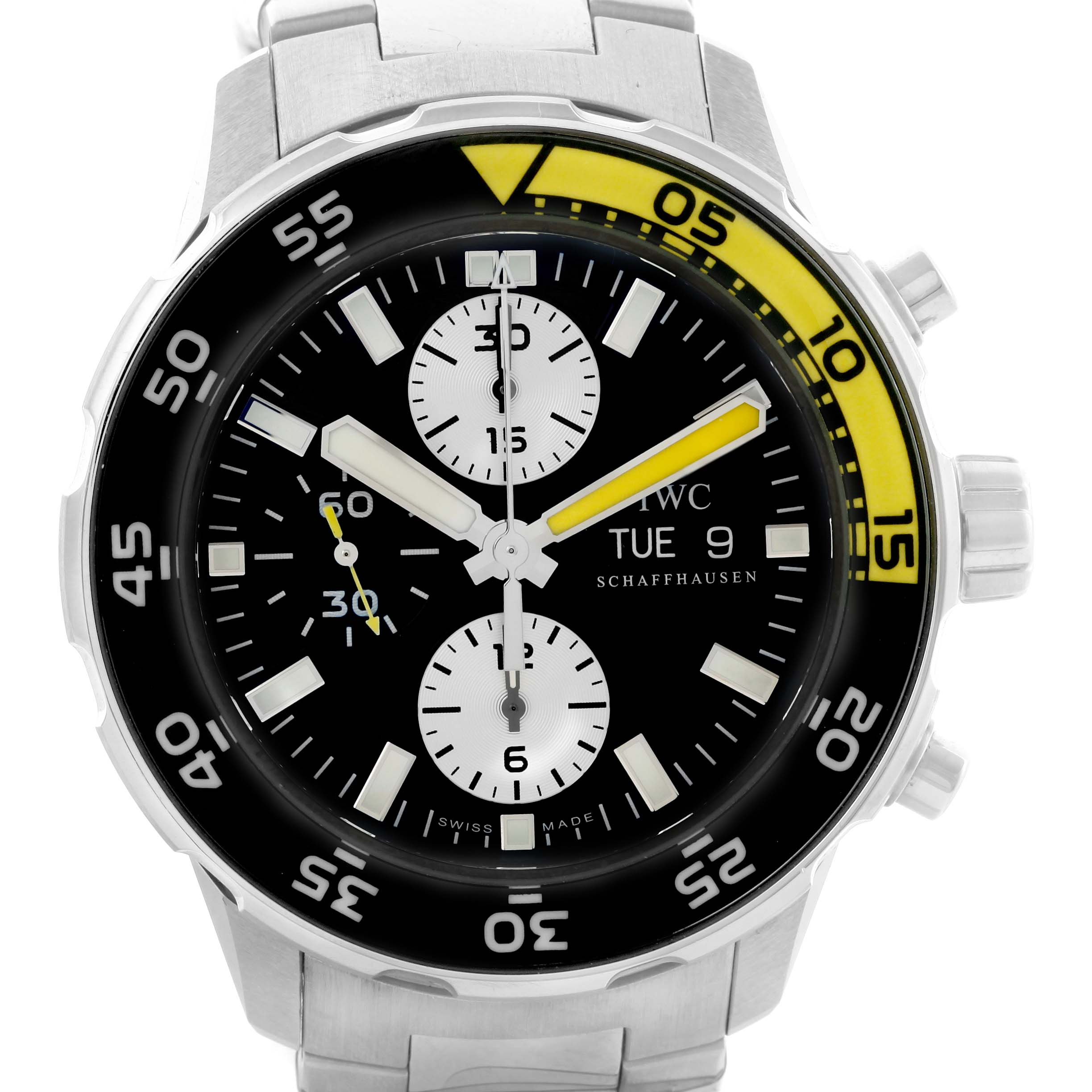 The image shows a front view of the IWC Aquatimer IW376701 Men's Stainless Steel Black Dial IW376701 Men's Stainless Steel Black Dial watch displaying its face, bezel, and part of the bracelet.